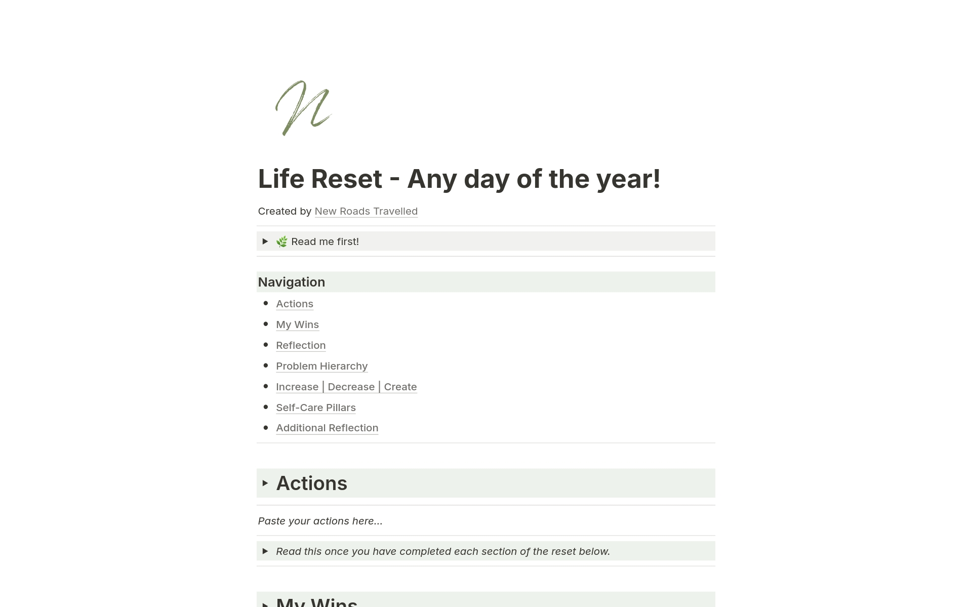 En förhandsgranskning av mallen för Life Reset - Any day of the year!