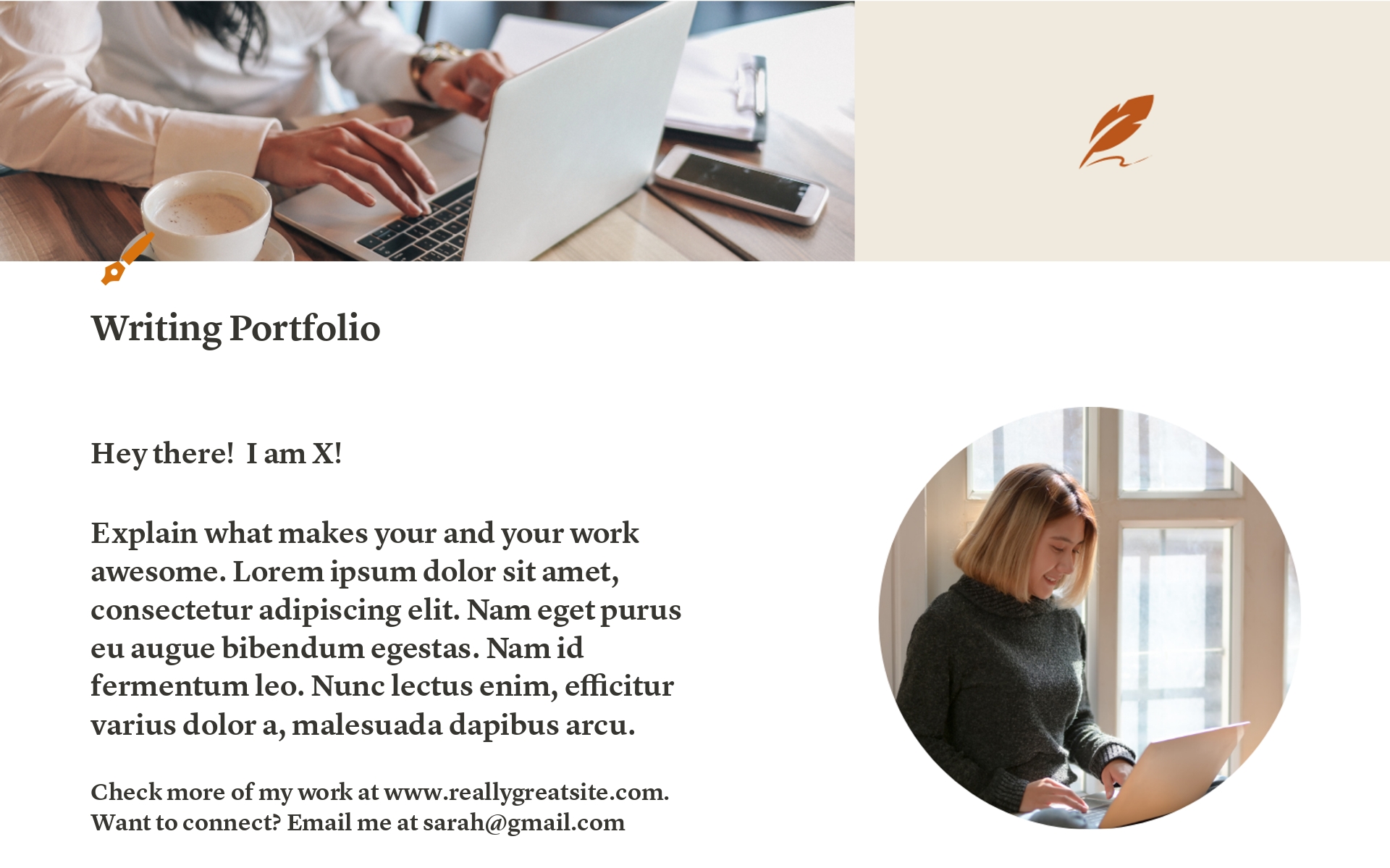 Perfect for content writers, copywriters and bloggers, this template is a straightforward portfolio to show your written work