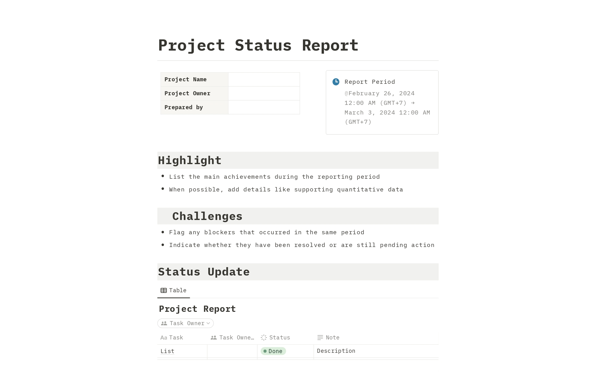 Vista previa de una plantilla para Project Status Report