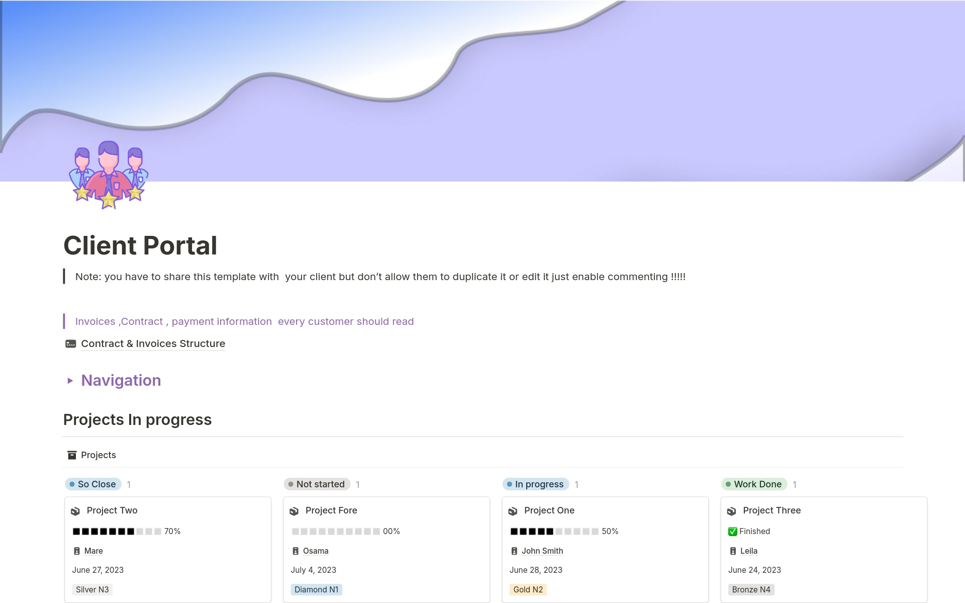 Vista previa de una plantilla para Client Portal