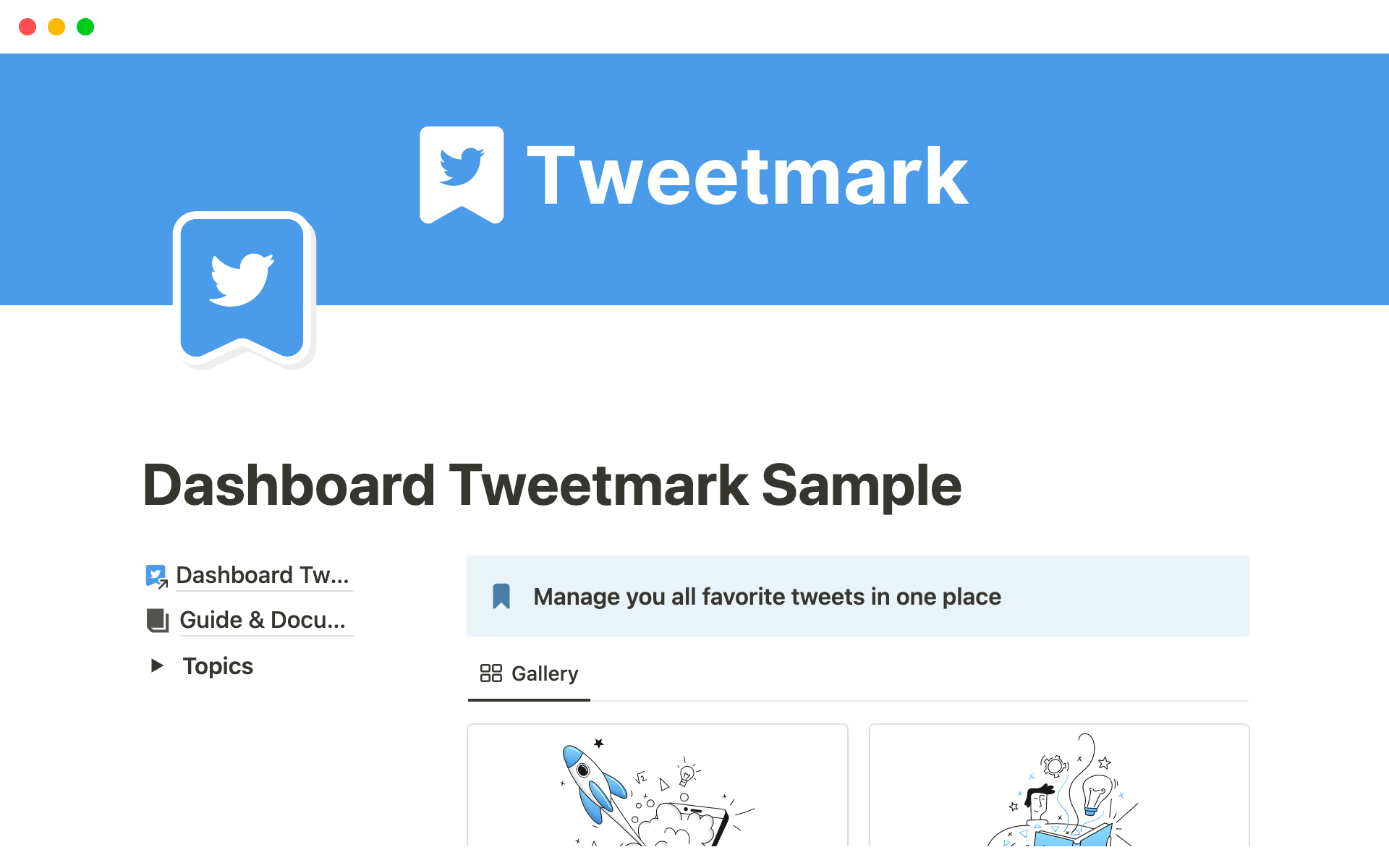 Uma prévia do modelo para Tweetmark - Tweet Bookmark Notion Templates