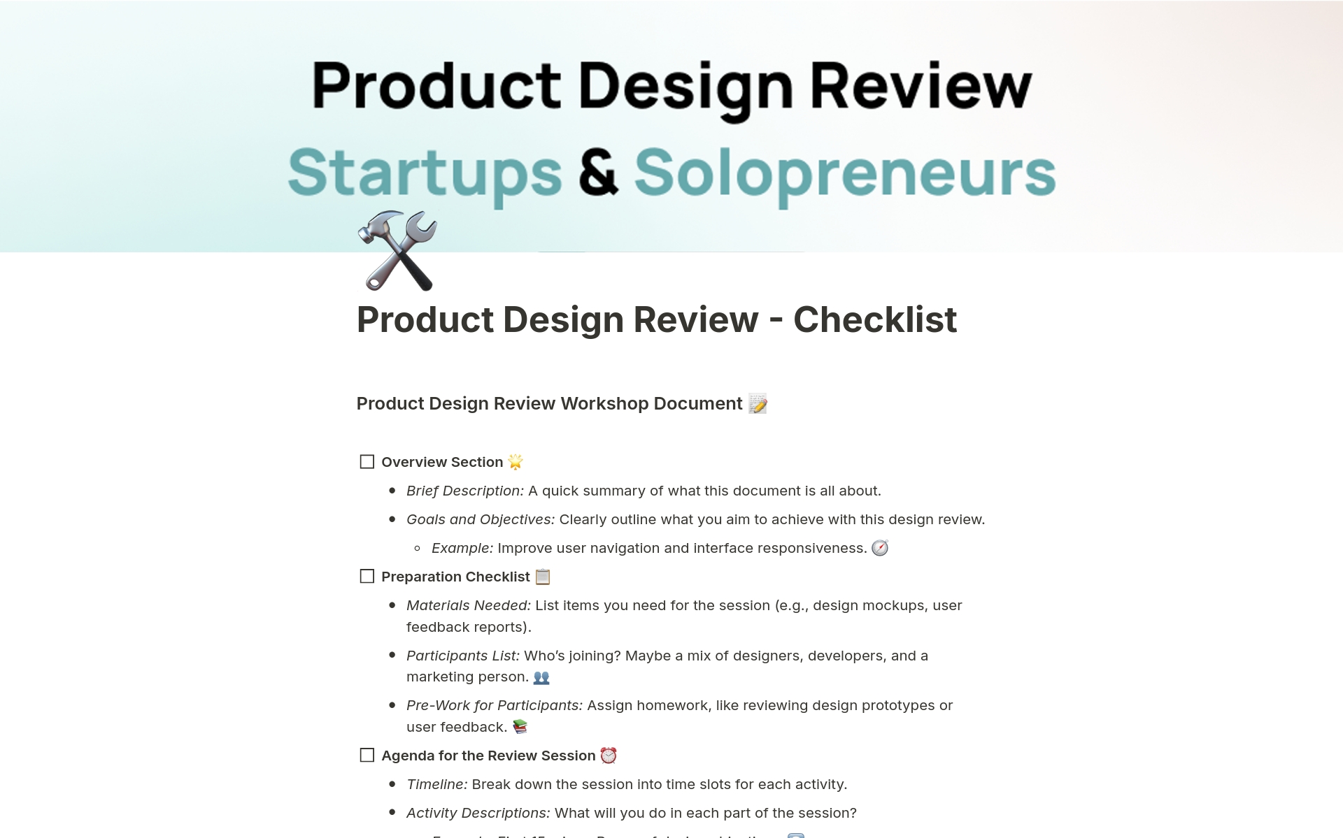 En förhandsgranskning av mallen för Product Design Review for Startups & Solo Pros