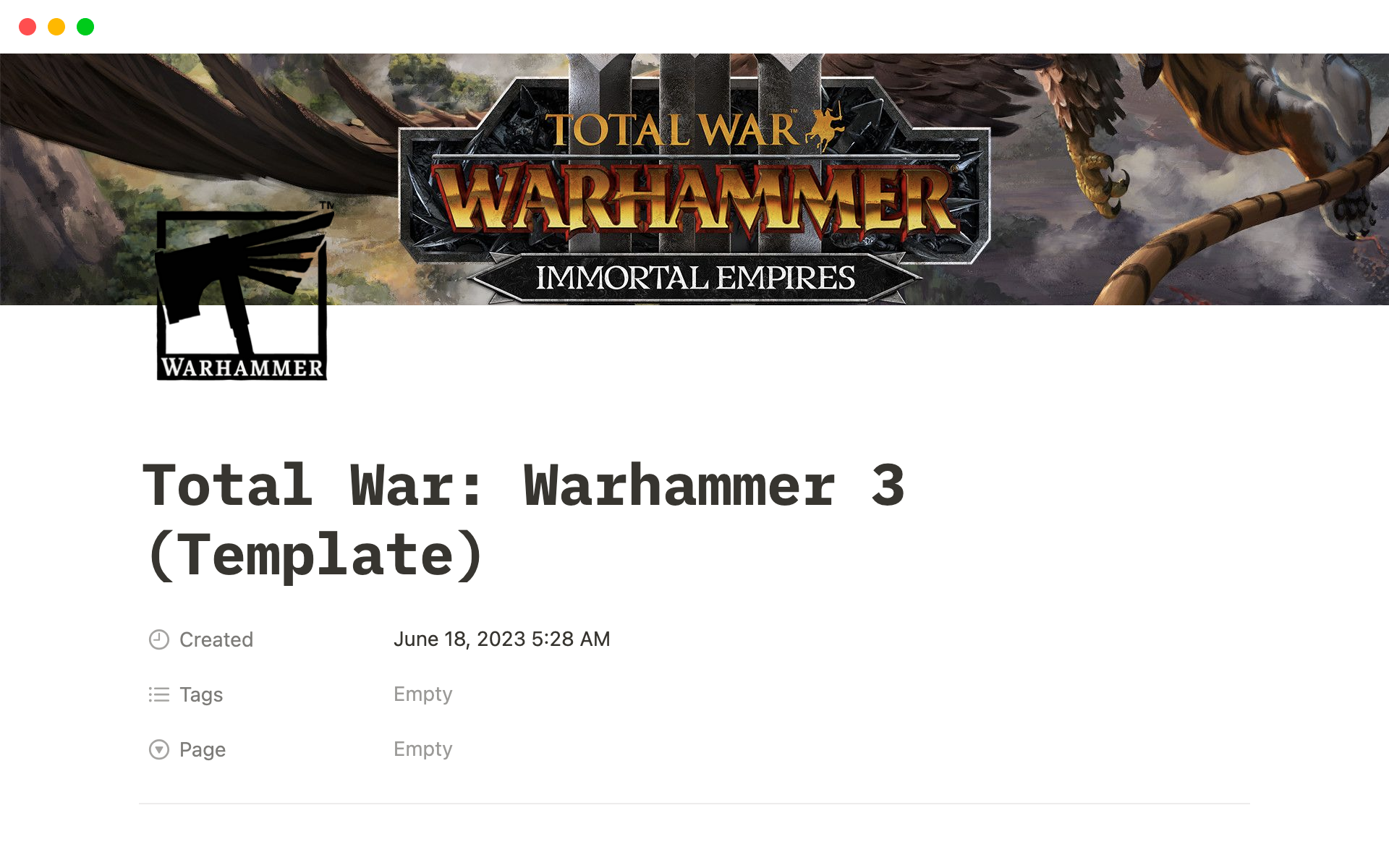 En förhandsgranskning av mallen för Warhammer 3 Total War Faction Tracker