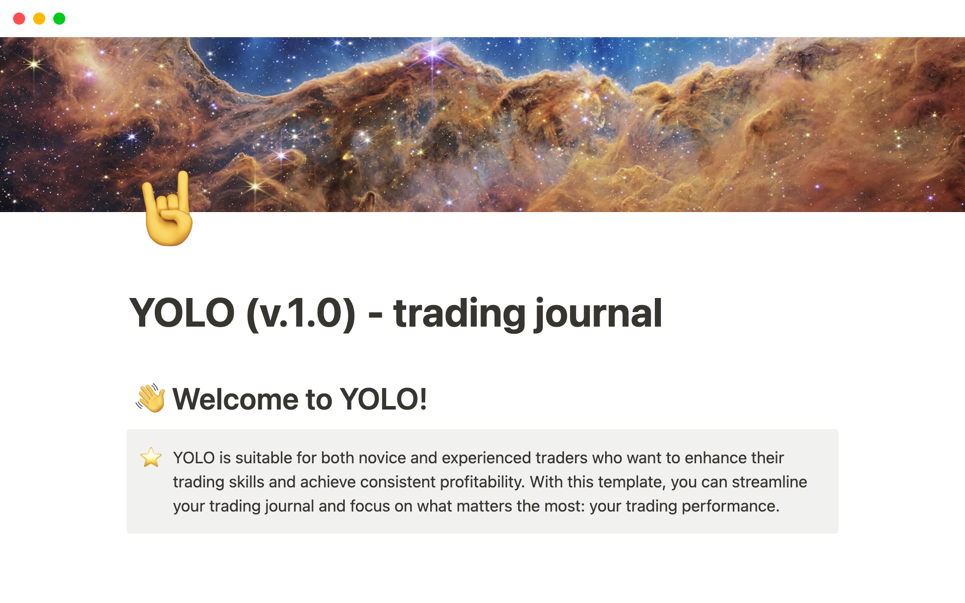 En förhandsgranskning av mallen för YOLO Trading Journal