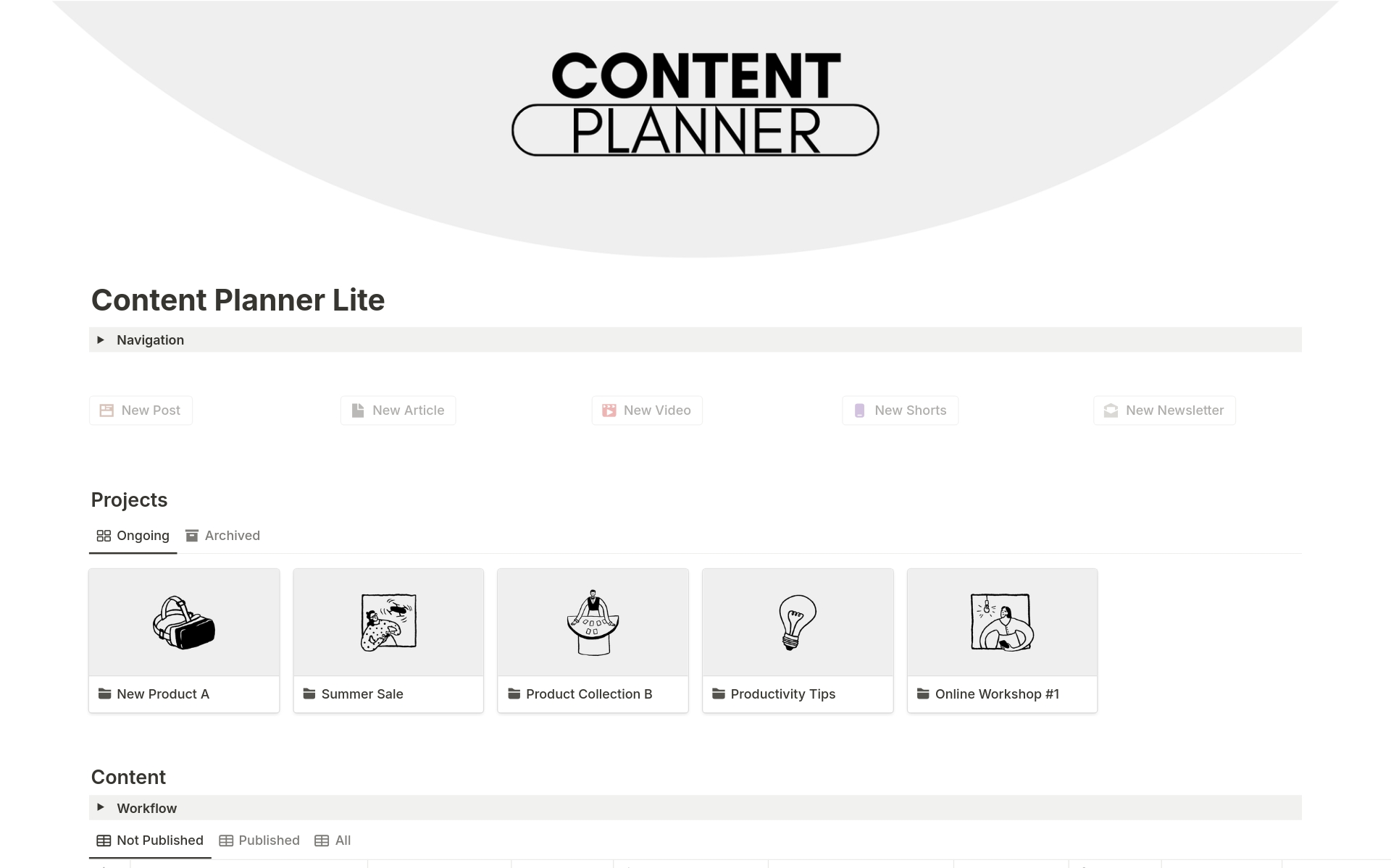 En forhåndsvisning av mal for Content Planner Lite