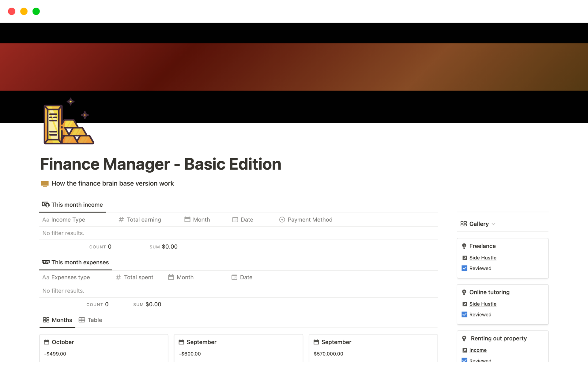 Vista previa de una plantilla para Finance Manager - Basic Edition