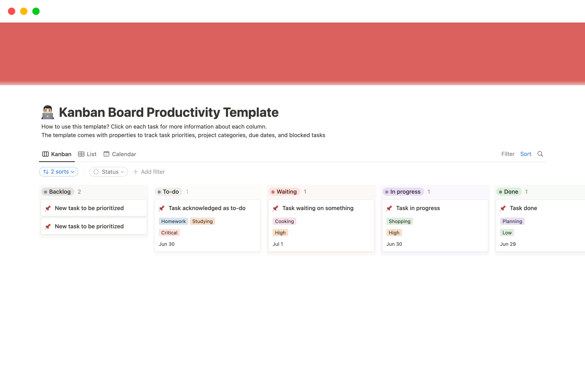 En förhandsgranskning av mallen för Kanban Board Productivity Template
