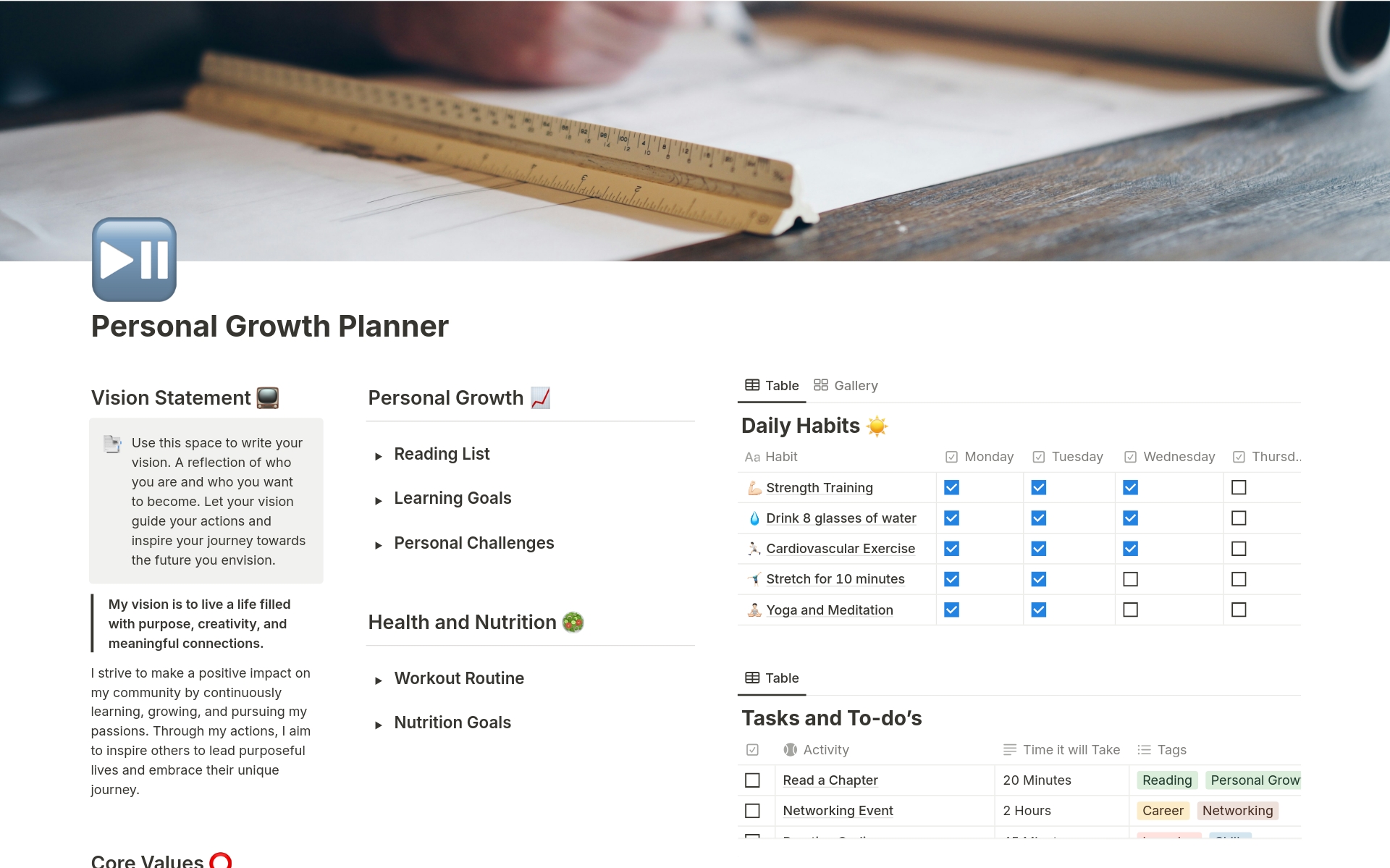 Craft your future with dedicated sections for vision statements & core values, life goals including reading & learning, fitness/nutrition targets, daily habit tracking, and a comprehensive task database. Transform your aspirations into reality with this holistic Notion template.