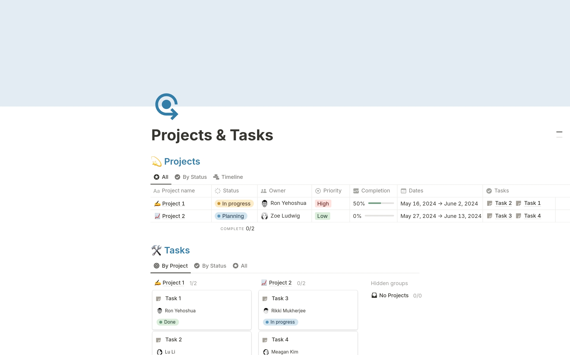 En förhandsgranskning av mallen för Projects & Tasks