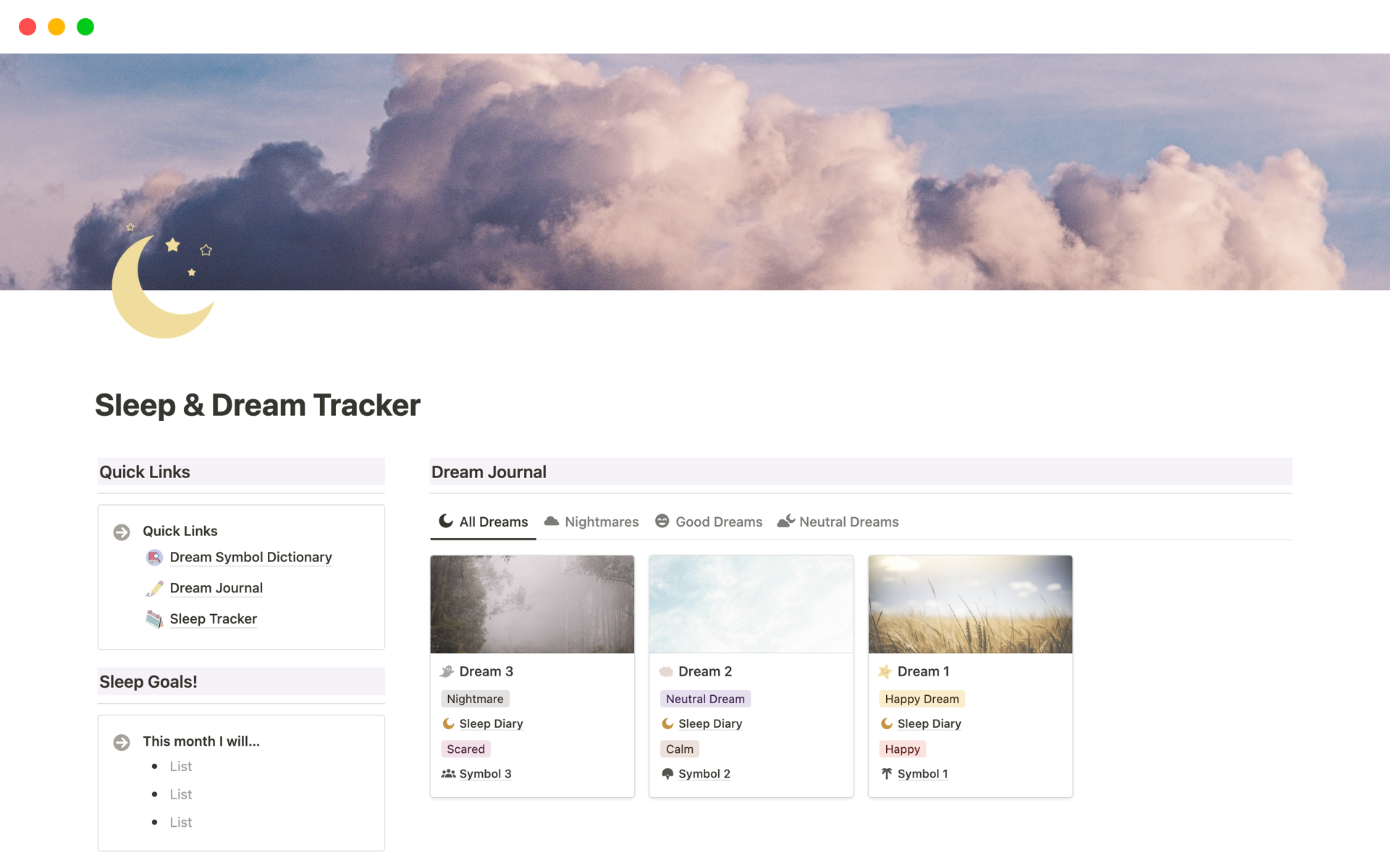 This Sleep & Dream Tracker Notion template is the perfect way to keep track of your dreams and sleep quality. 