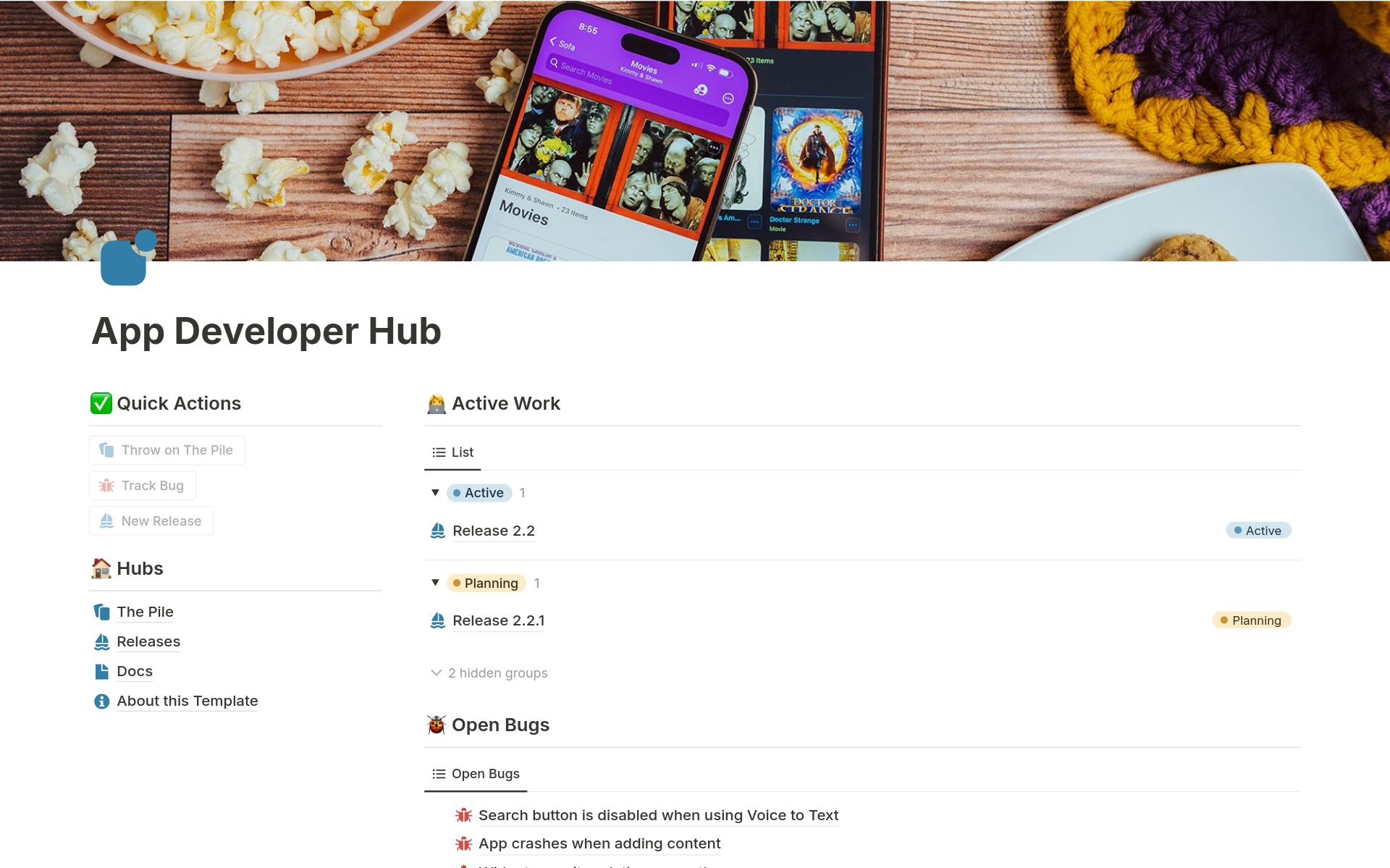 En forhåndsvisning av mal for App Developer Hub