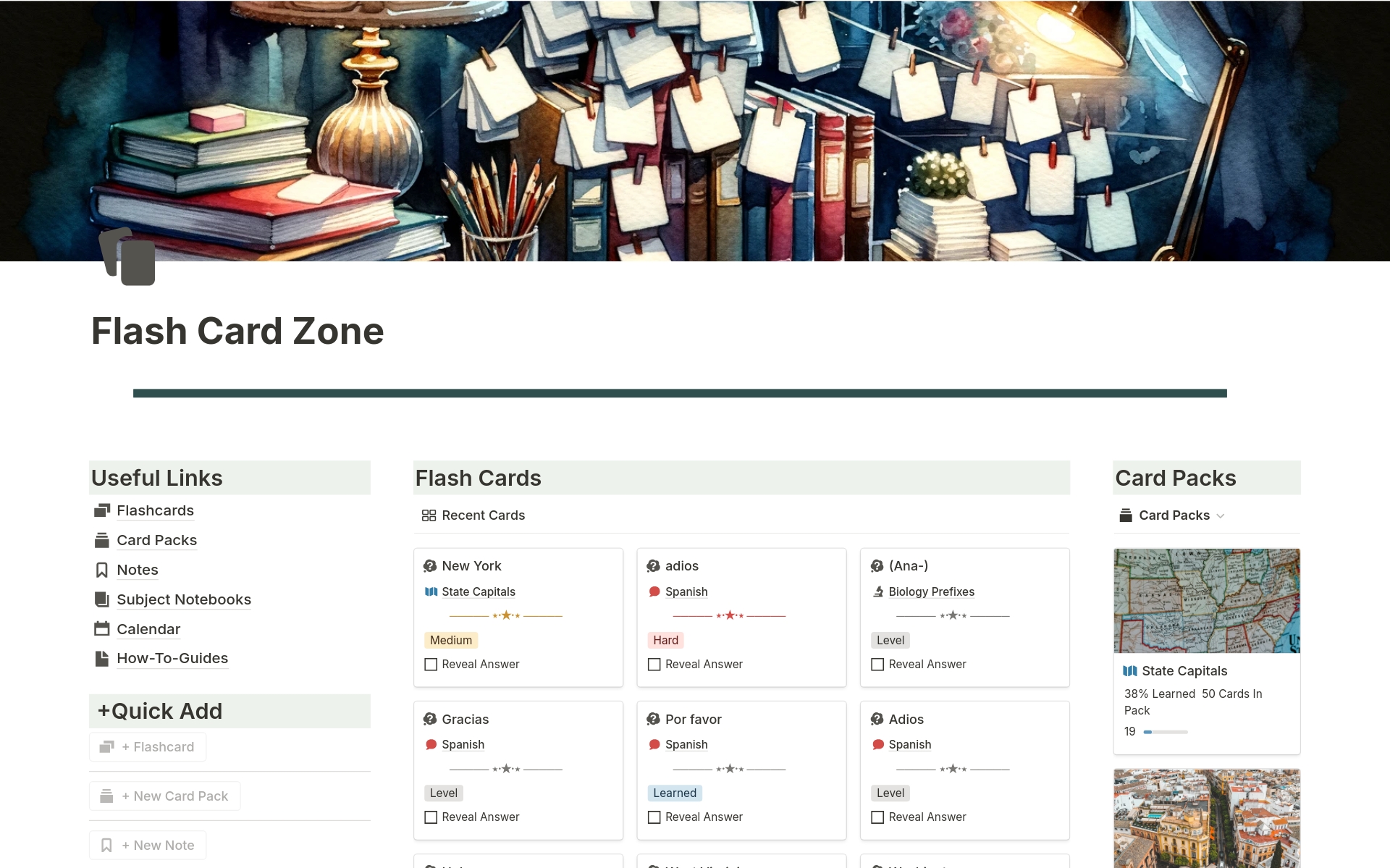 
Flashcard Zone by Origami Crane Creations: A Notion-powered study tool offering customizable flashcards, organized card packs, and integrated note-taking. Streamline your learning with themed notebooks and a comprehensive calendar. Perfect for efficient, organized studying!