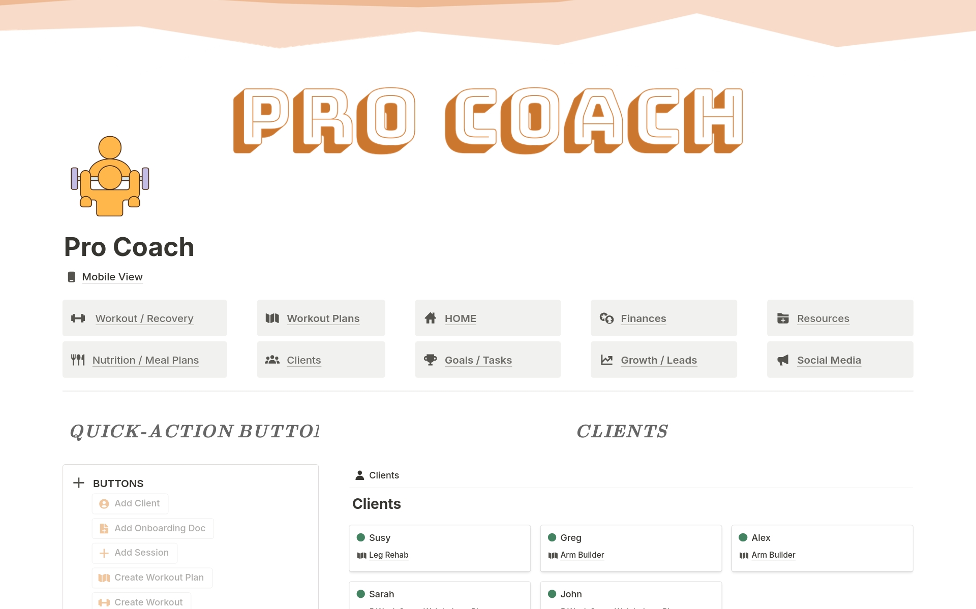 Personal trainer Notion template: track clients, workouts and business growth. Create workout and meal plans that can be assigned to your personal training clients. Have access to a number of fitness coaching exercises, workout tools and resources to elevate your coaching
