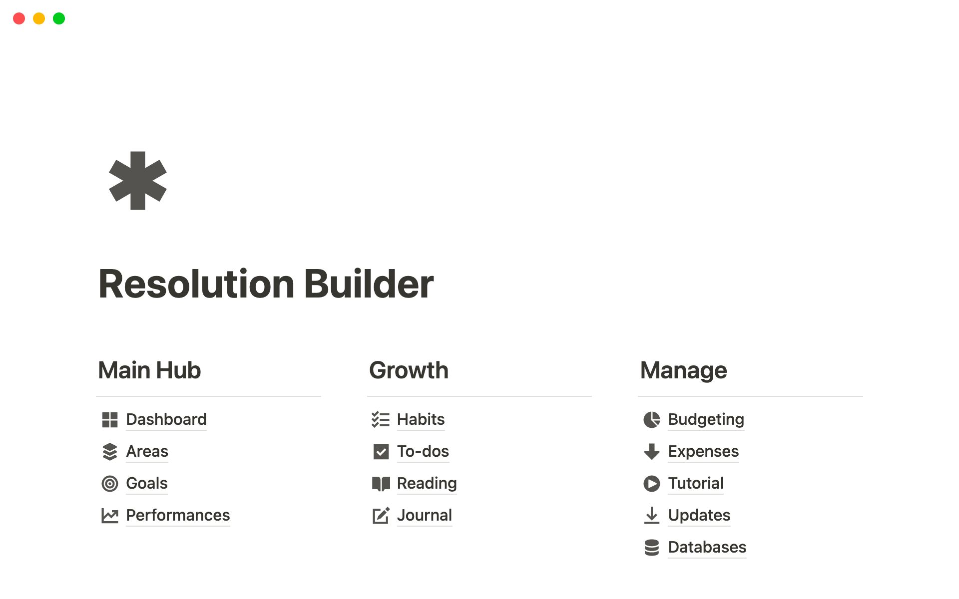 A template preview for Notion Resolution Builder