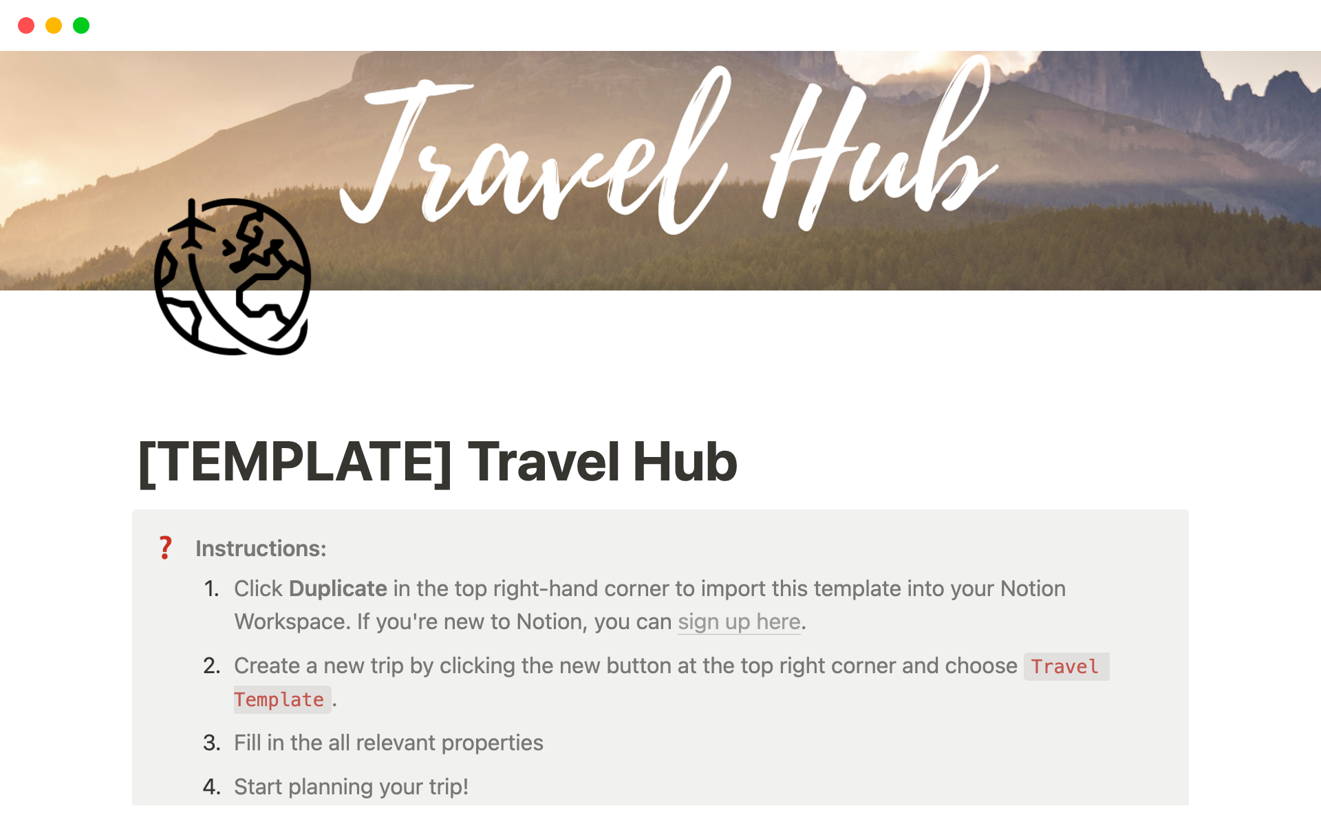 Eine Vorlagenvorschau für Travel Hub | Your All-In-One Travel Planner