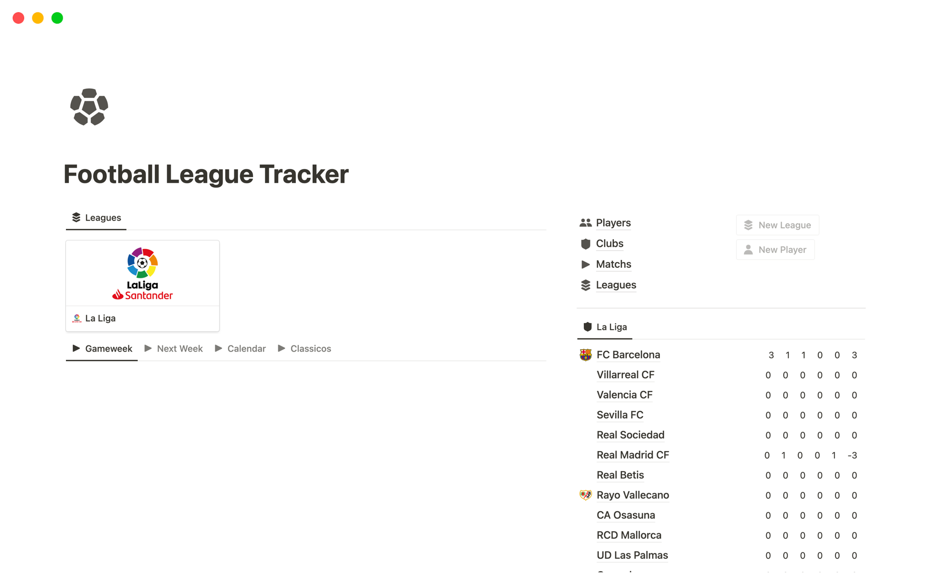 En förhandsgranskning av mallen för Football League Tracker