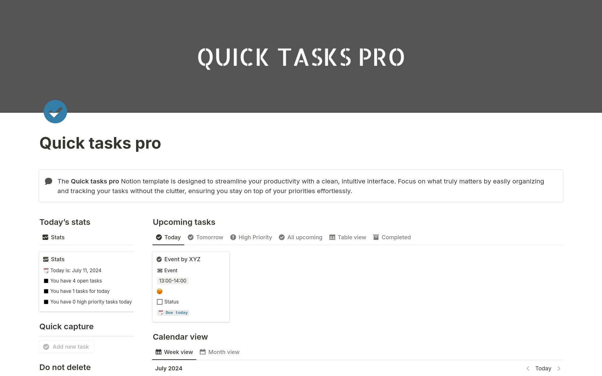 The Quick tasks pro Notion template is designed to streamline your productivity with a clean, intuitive interface. Focus on what truly matters by easily organizing and tracking your tasks without the clutter, ensuring you stay on top of your priorities effortlessly.