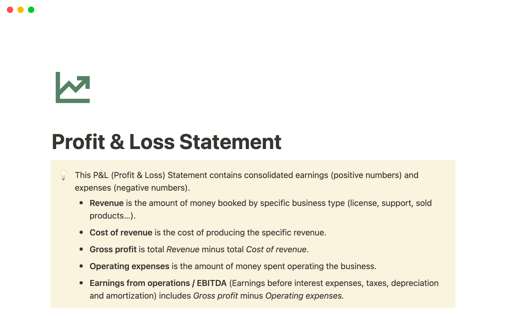 En forhåndsvisning av mal for Profit & Loss (P&L) Statement