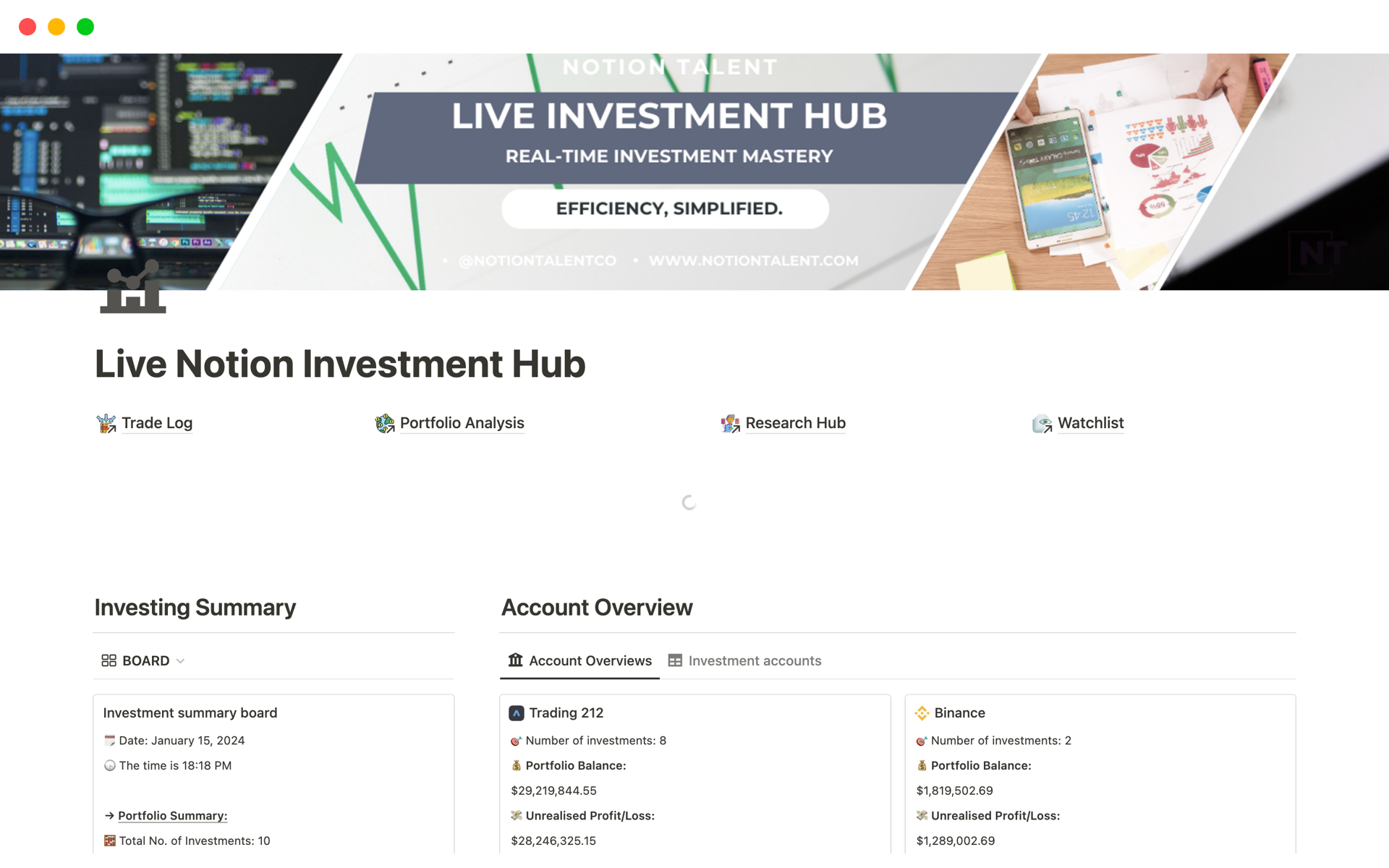 A template preview for Live Investment Hub w/ Automation & AI