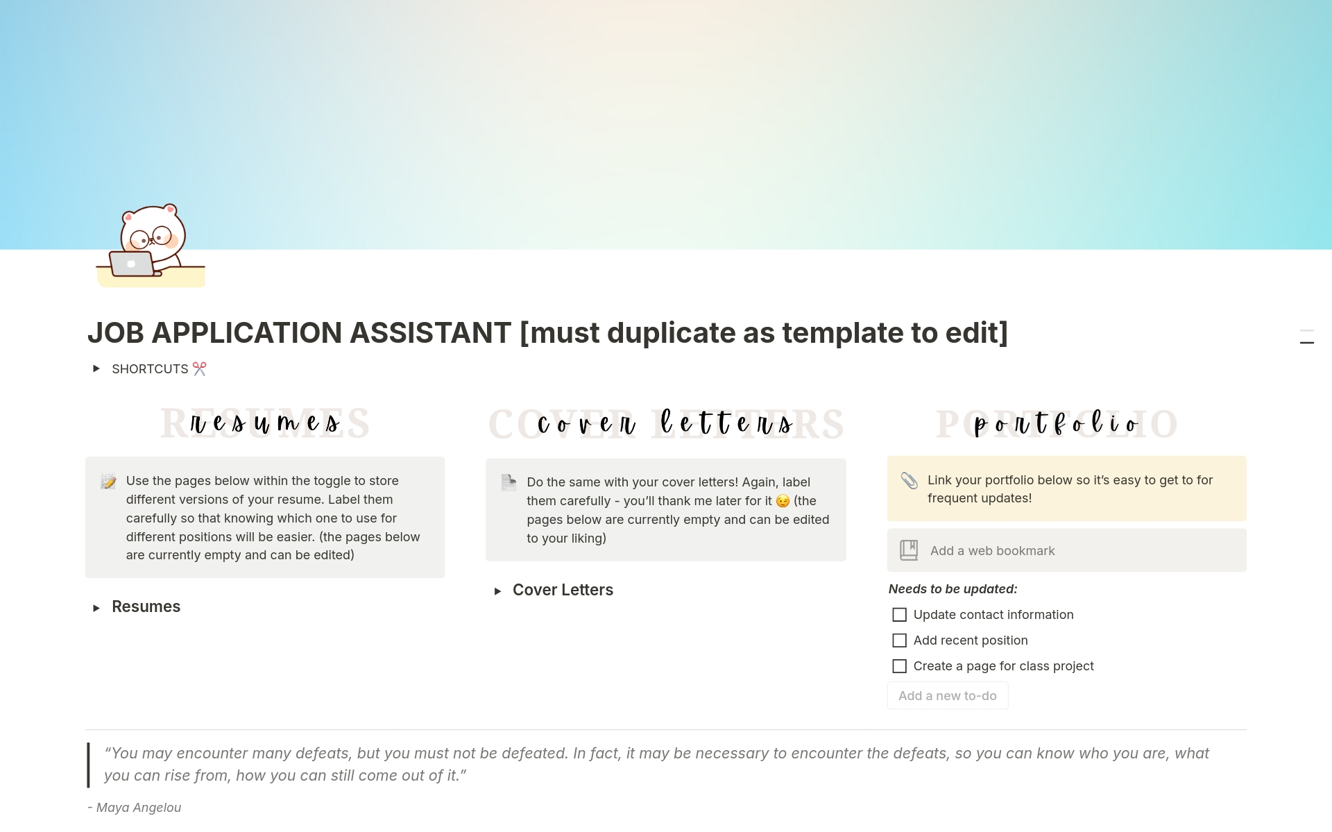 En forhåndsvisning av mal for Job Application Tracker & Assistant