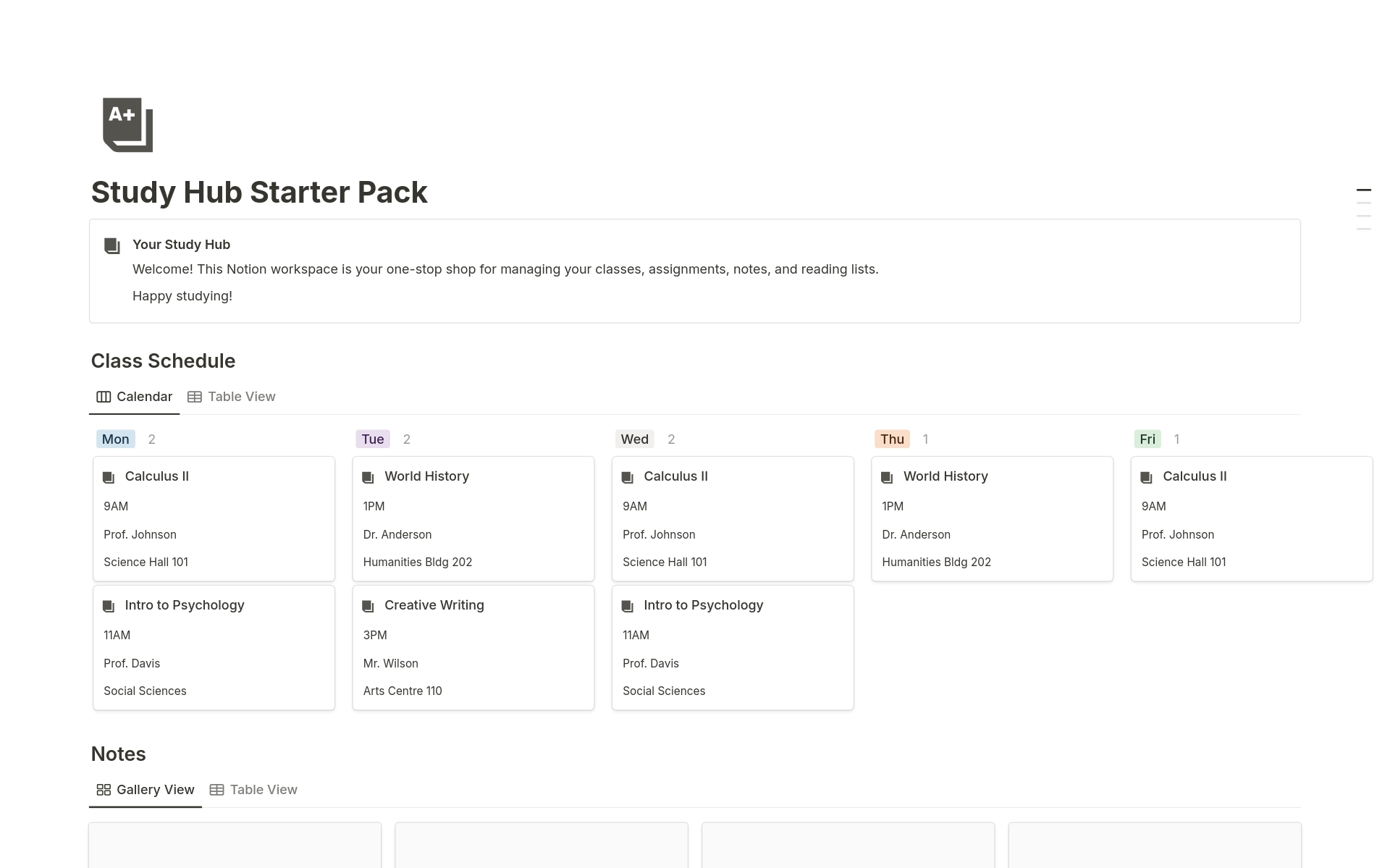 Vista previa de una plantilla para Study Hub Starter Pack