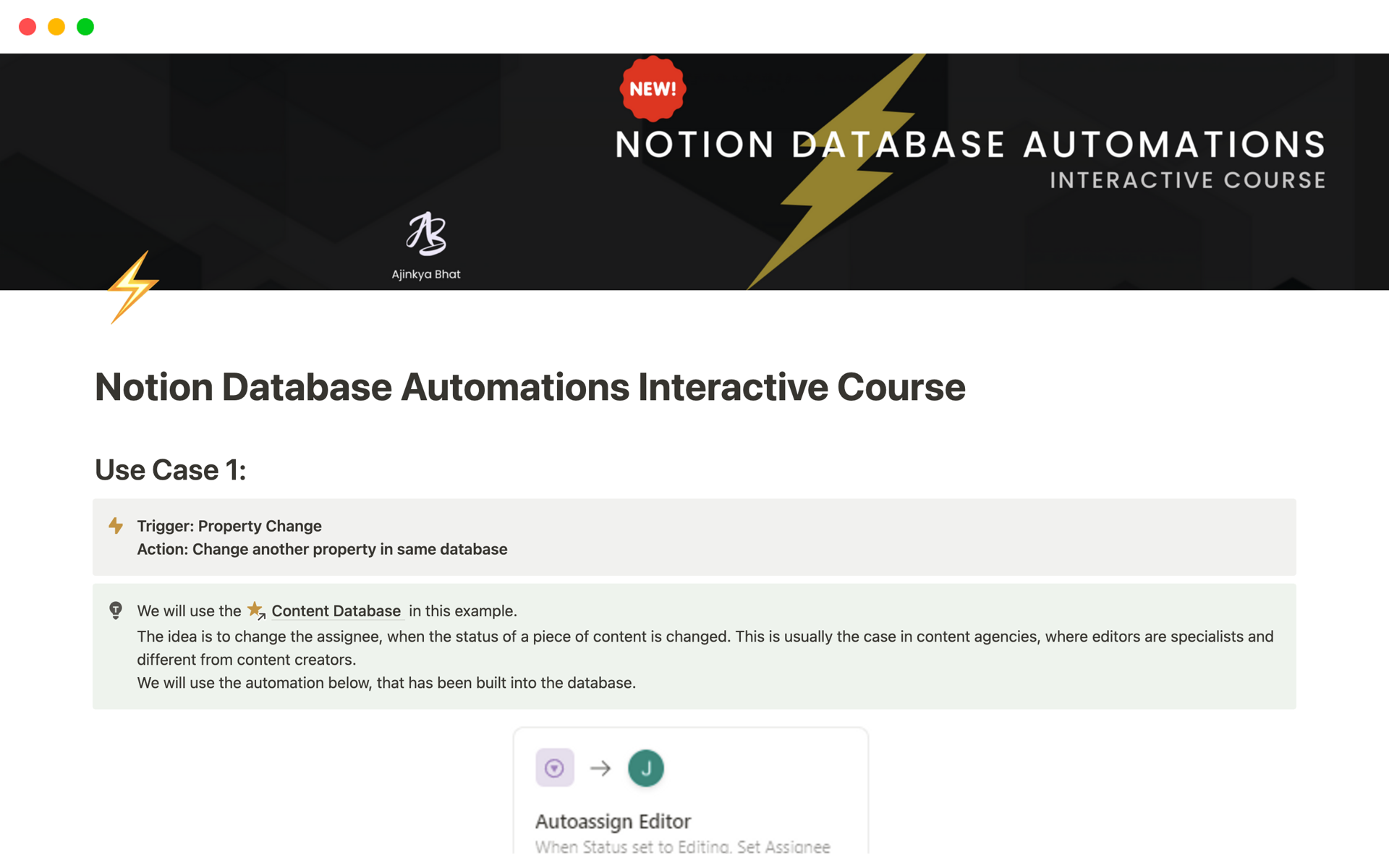 En forhåndsvisning av mal for Notion Database Automations Interactive Course