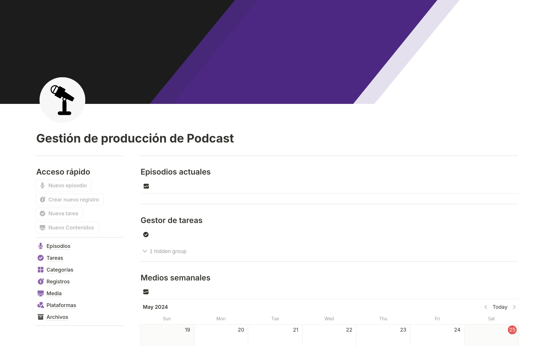 En forhåndsvisning av mal for Gestión de producción de Podcast