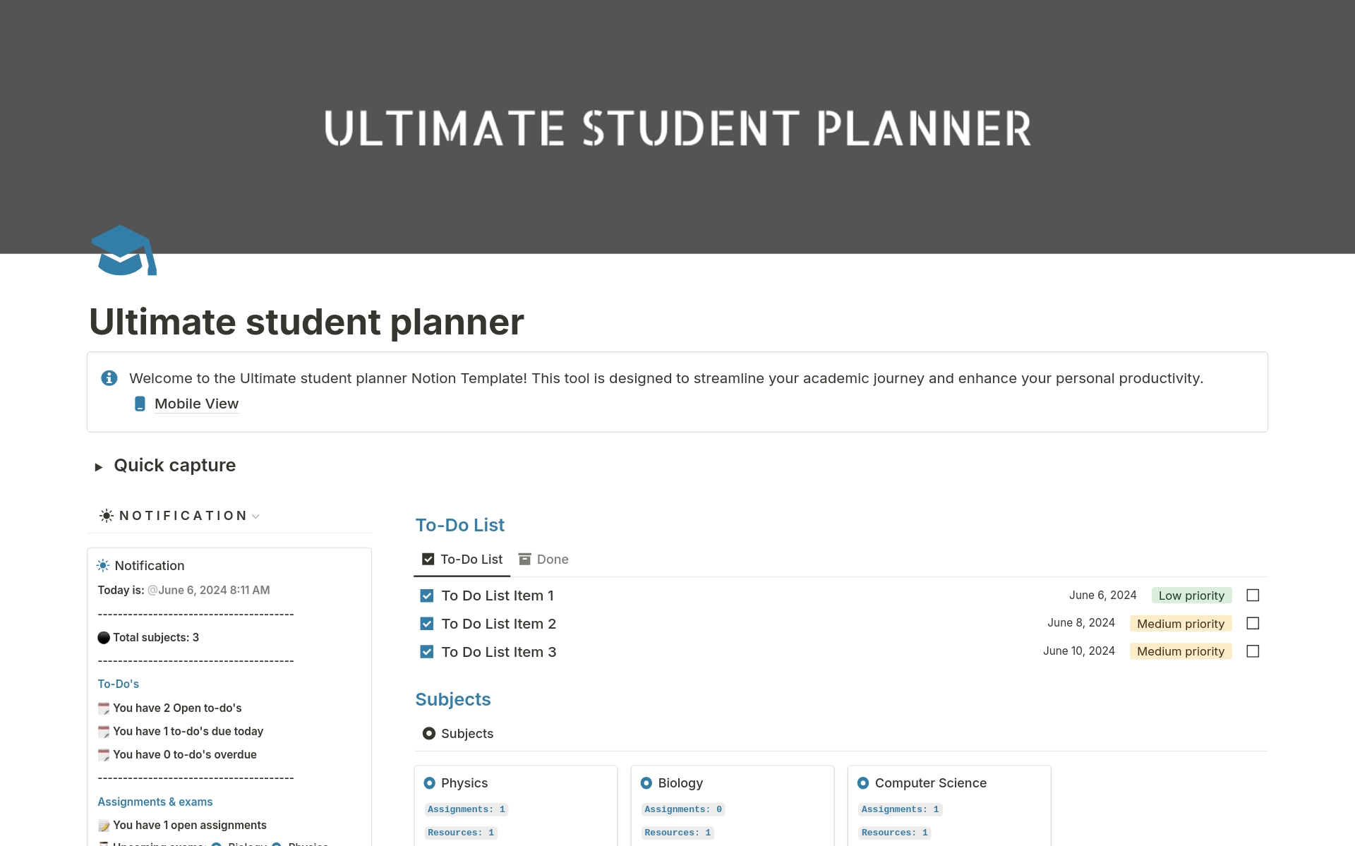 Welcome to the Ultimate student planner Notion Template! This tool is designed to streamline your academic journey and enhance your personal productivity. 