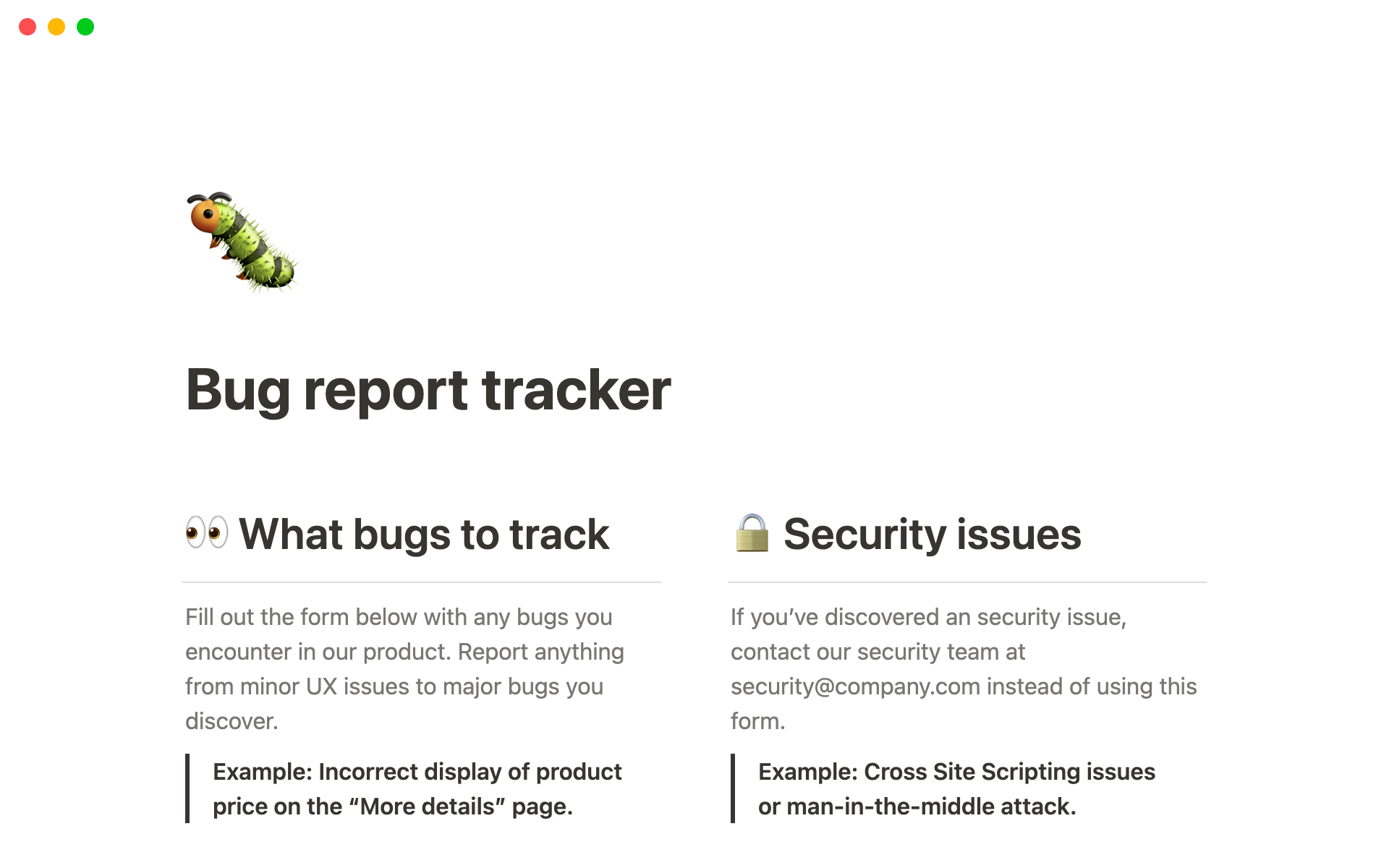 En forhåndsvisning av mal for Bug report tracker