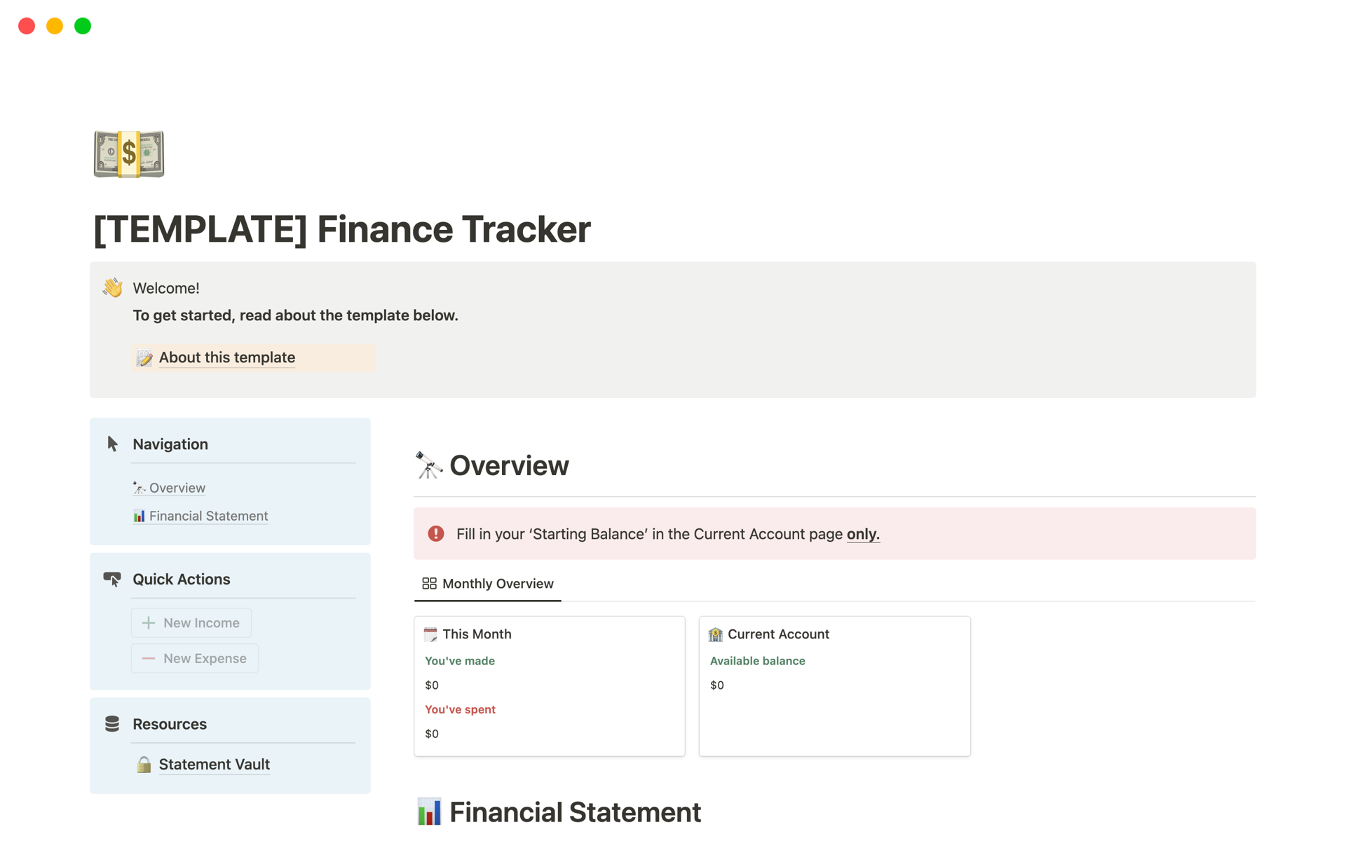 Vista previa de plantilla para Finance Tracker