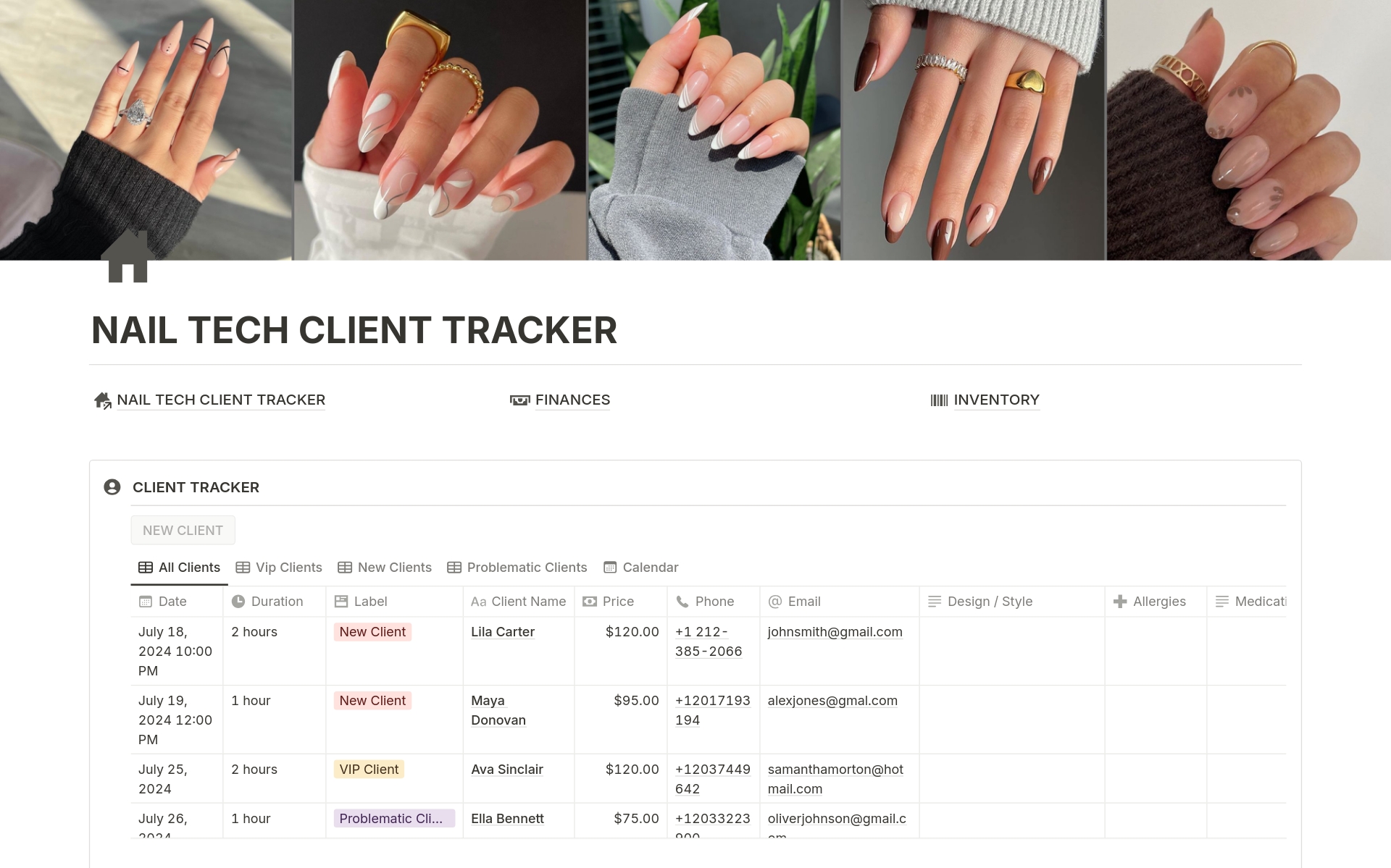 A template preview for Nail Tech Client Tracker