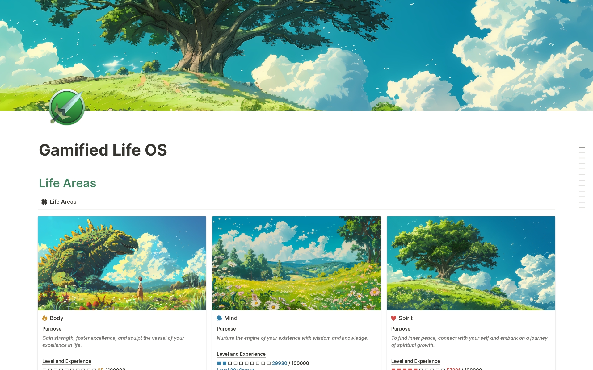 A template preview for Gamified Life OS