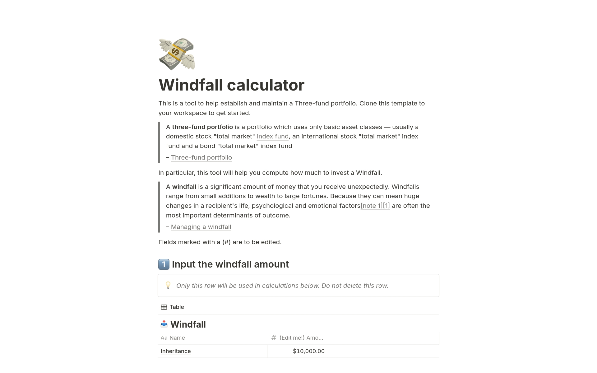 En förhandsgranskning av mallen för Windfall calculator