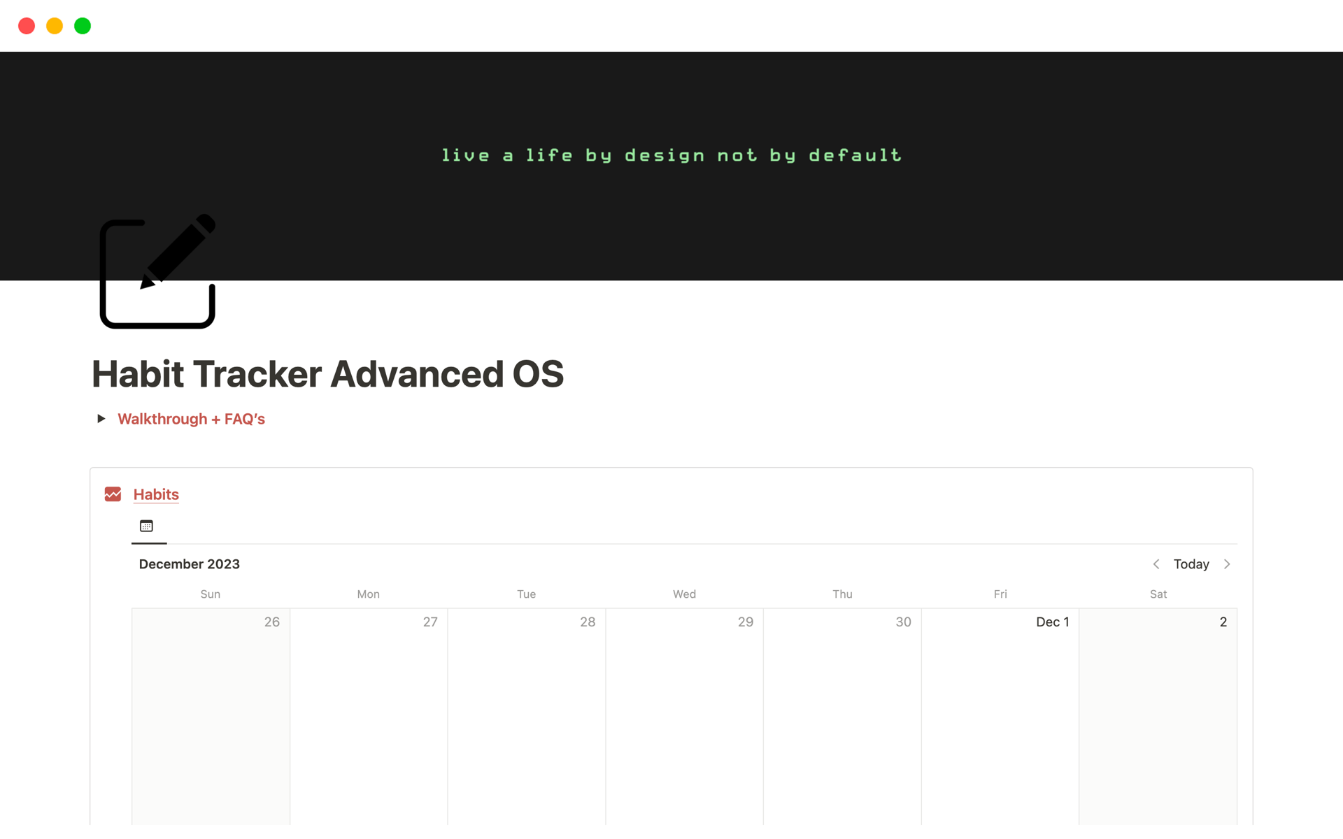 En forhåndsvisning av mal for Habit Tracker Advanced OS