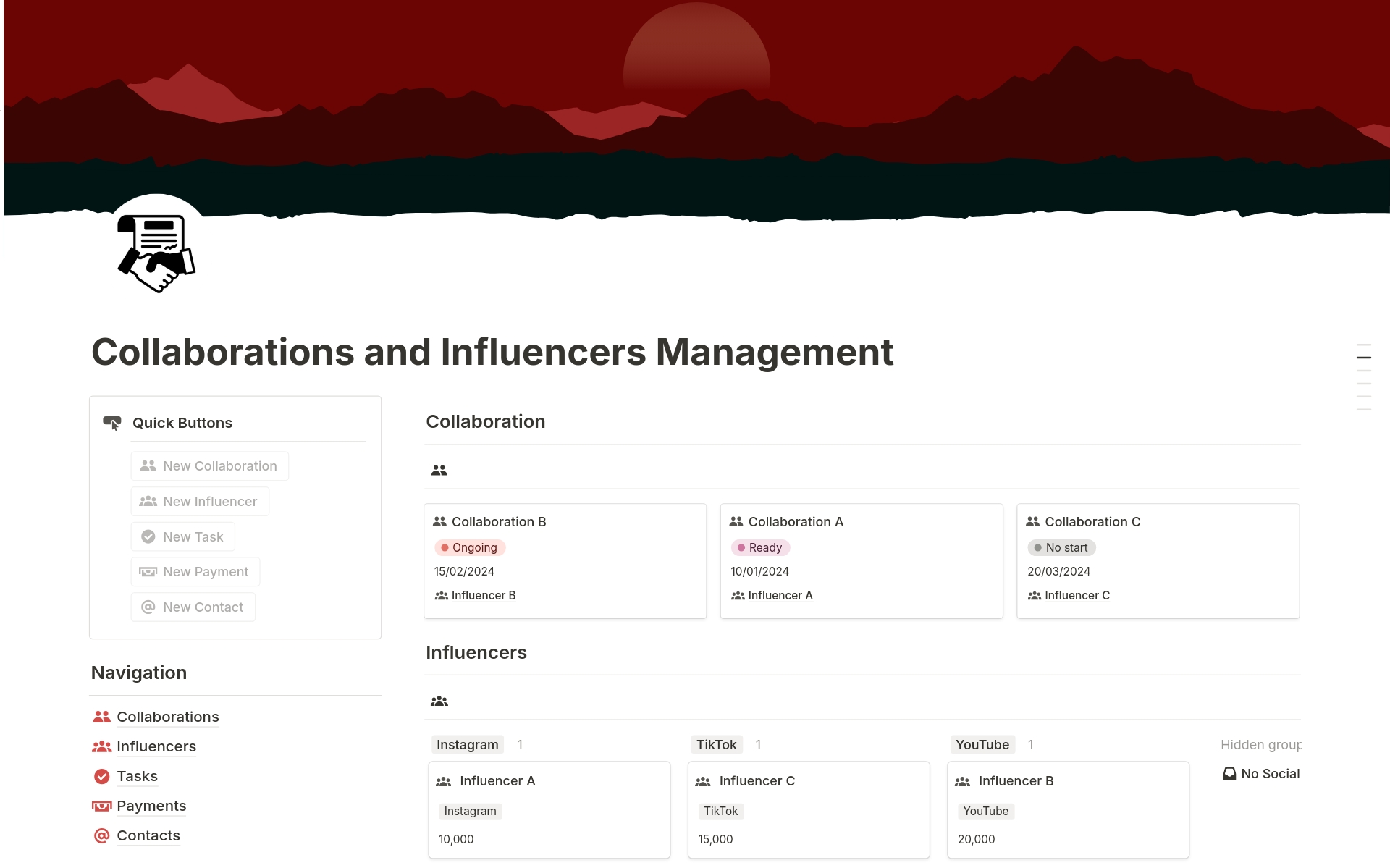 En forhåndsvisning av mal for Collaborations and Influencers Management