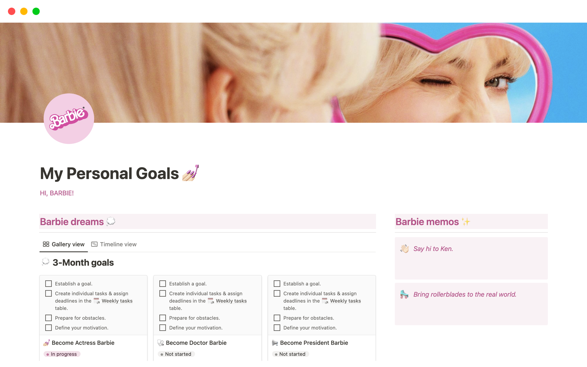 Mallin esikatselu nimelle Personal Goals Planner | Barbie Aesthetic