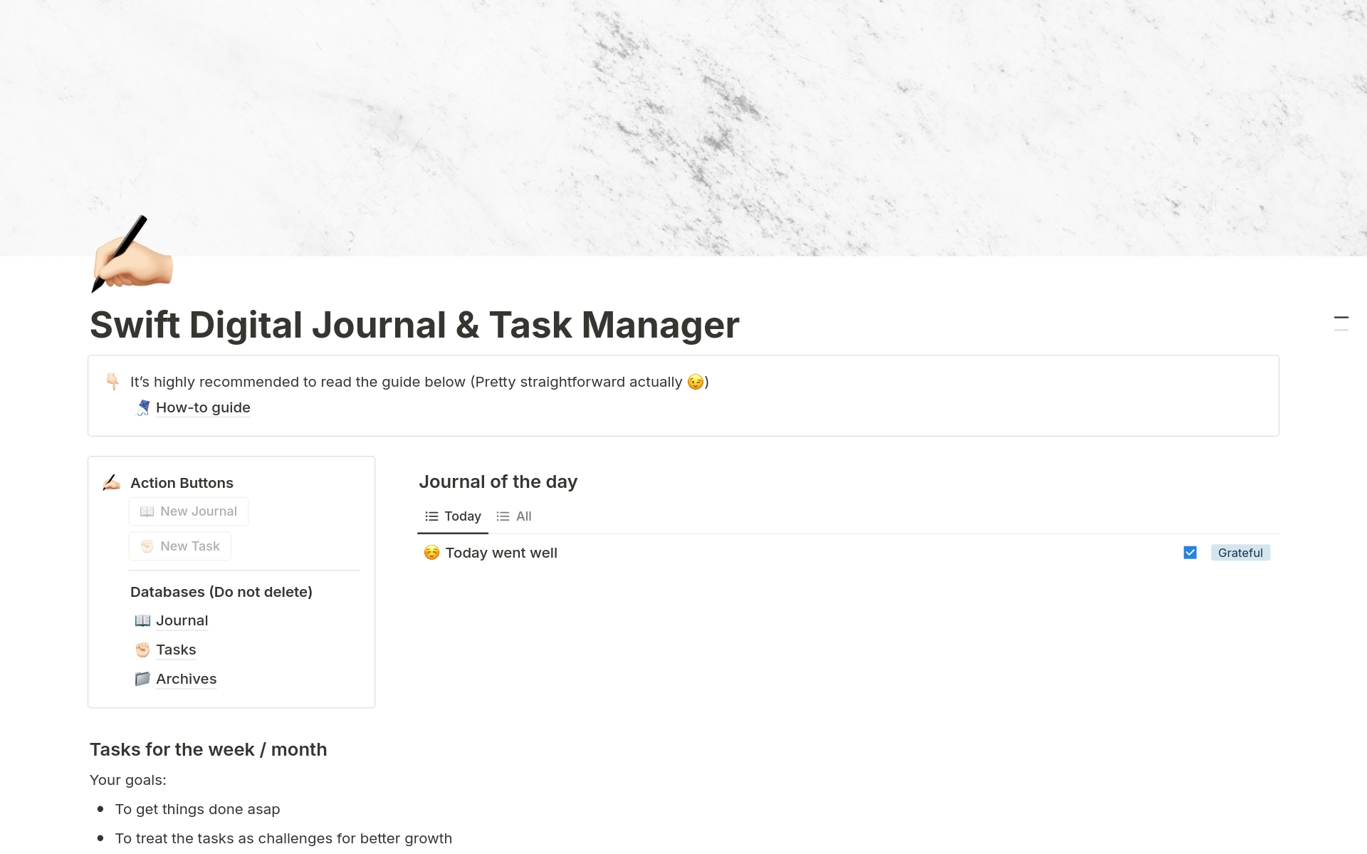 En förhandsgranskning av mallen för Swift Digital Journal & Task Manager