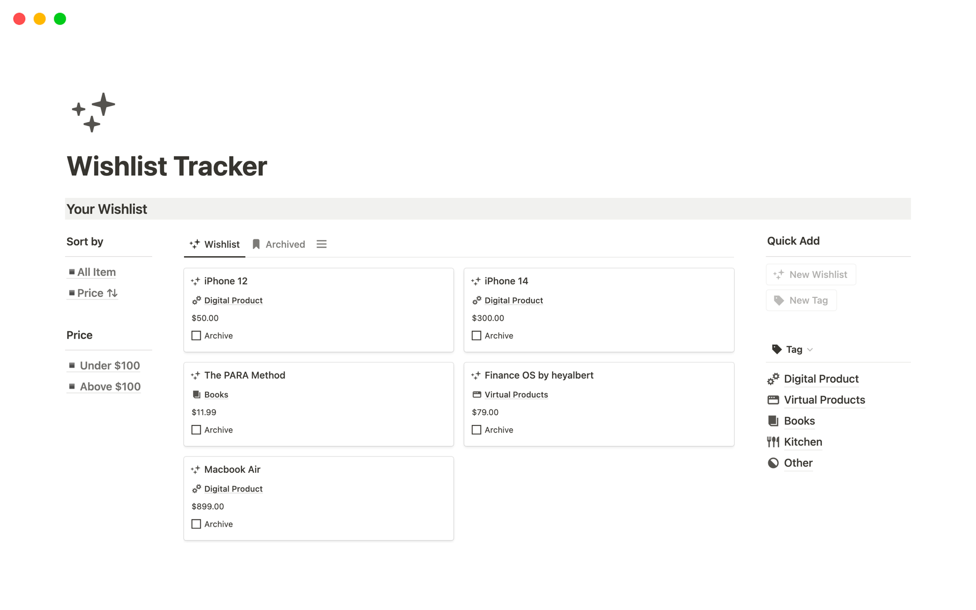 A template preview for Wishlist Tracker