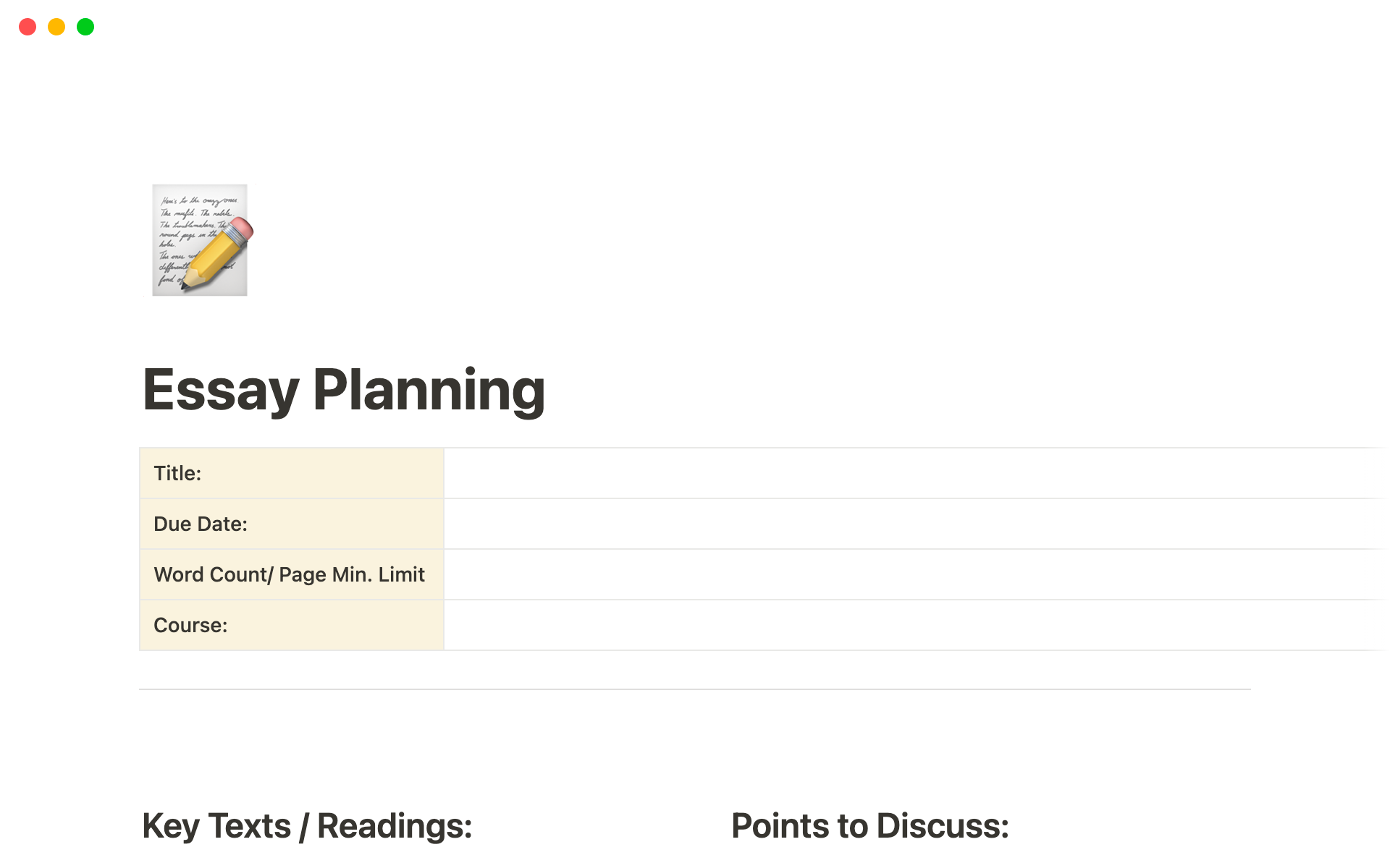A template preview for Essay Planning