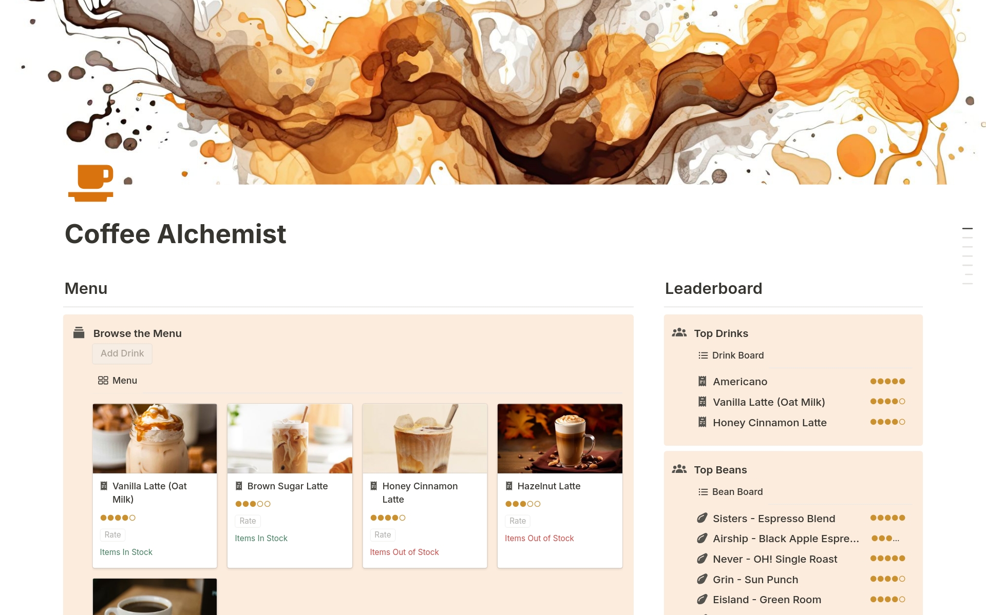 A template preview for Coffee Alchemist
