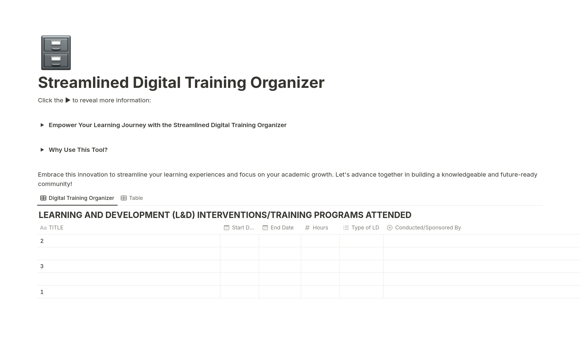 A template preview for Streamlined Digital Training Organizer