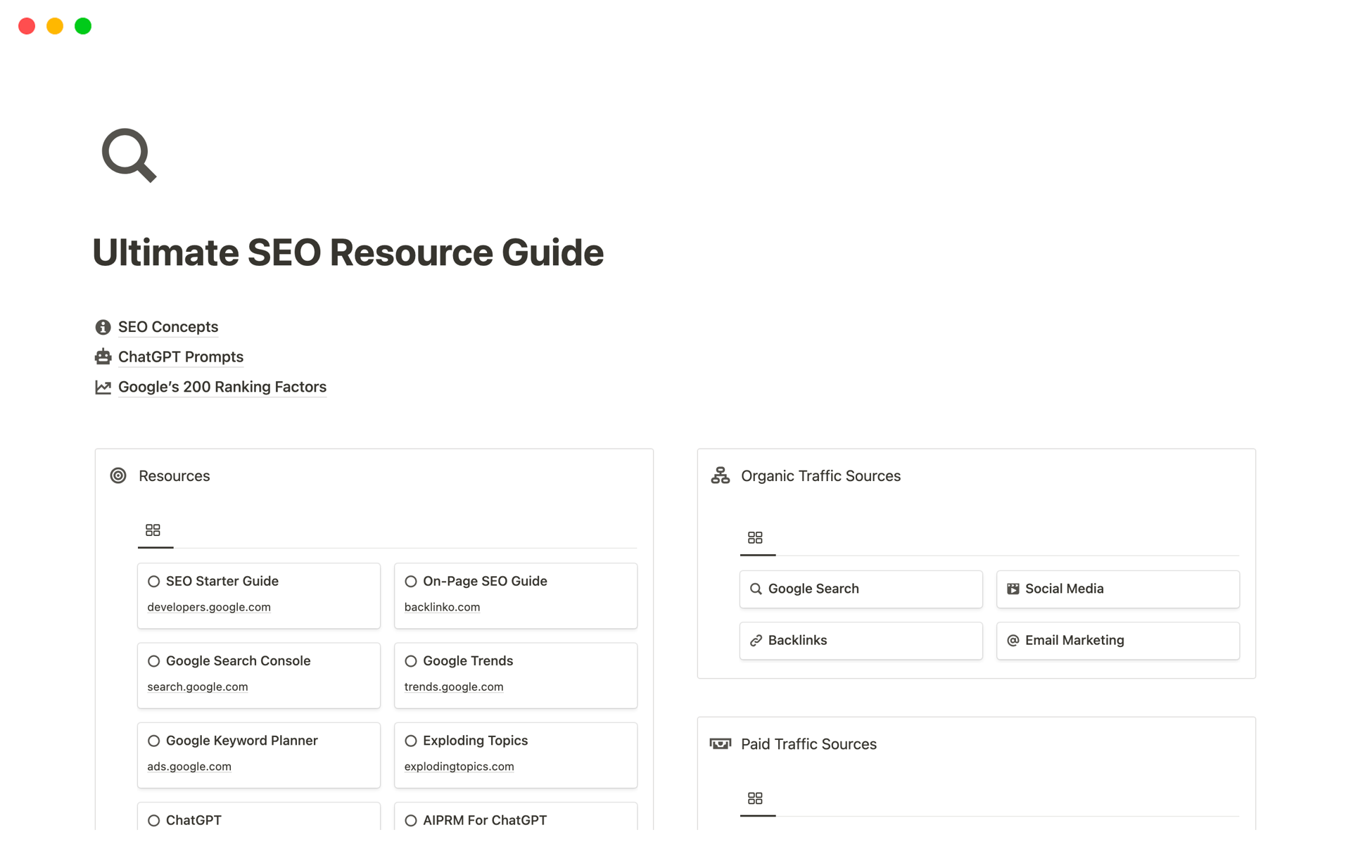 En förhandsgranskning av mallen för Ultimate SEO Resource Guide | Notion Template