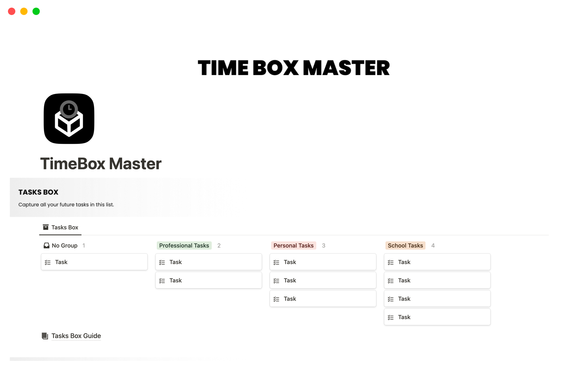 Vista previa de una plantilla para TimeBox Master (Weekly/Daily Timeboxing)