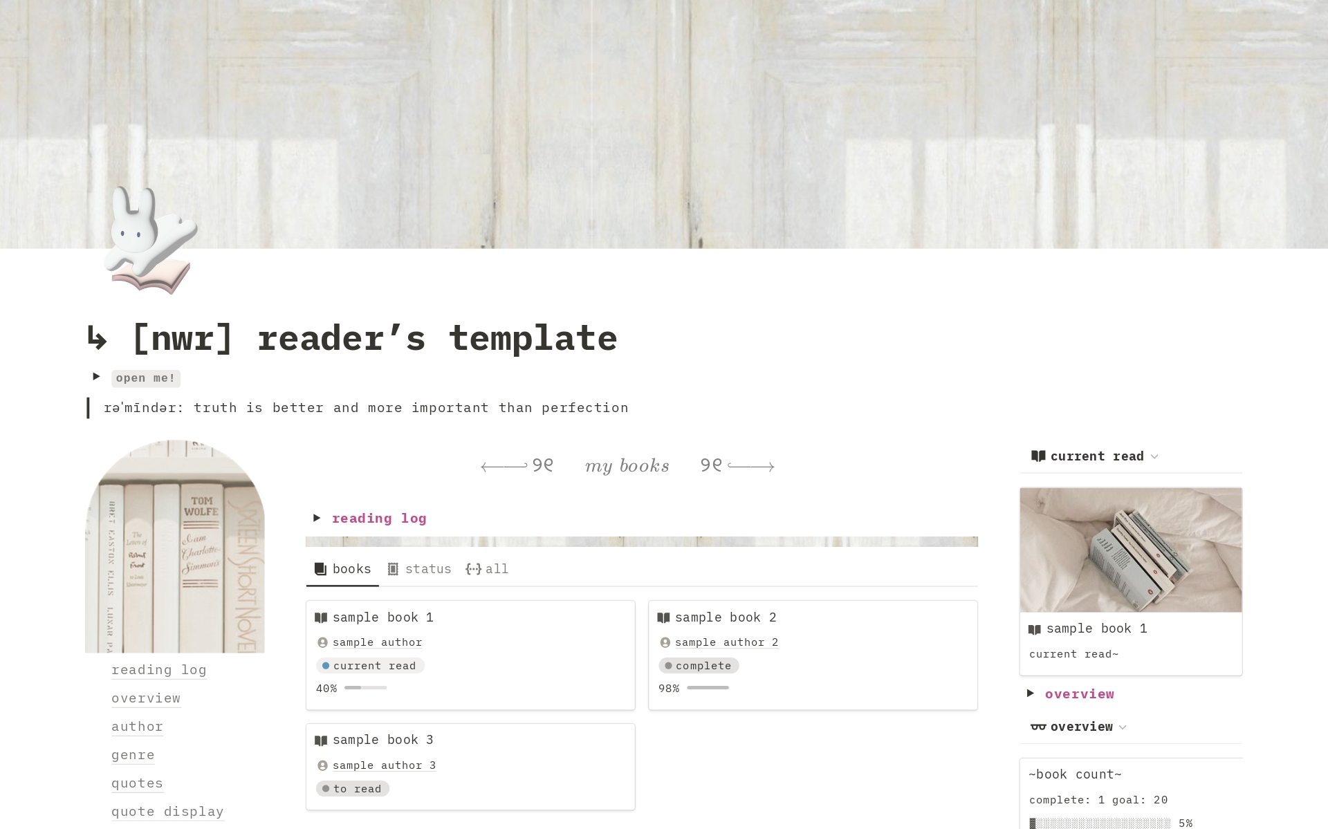 Curated specificially for readers! This template allows you to organize all things related to reading while staying motivated throughout your reading journey. 