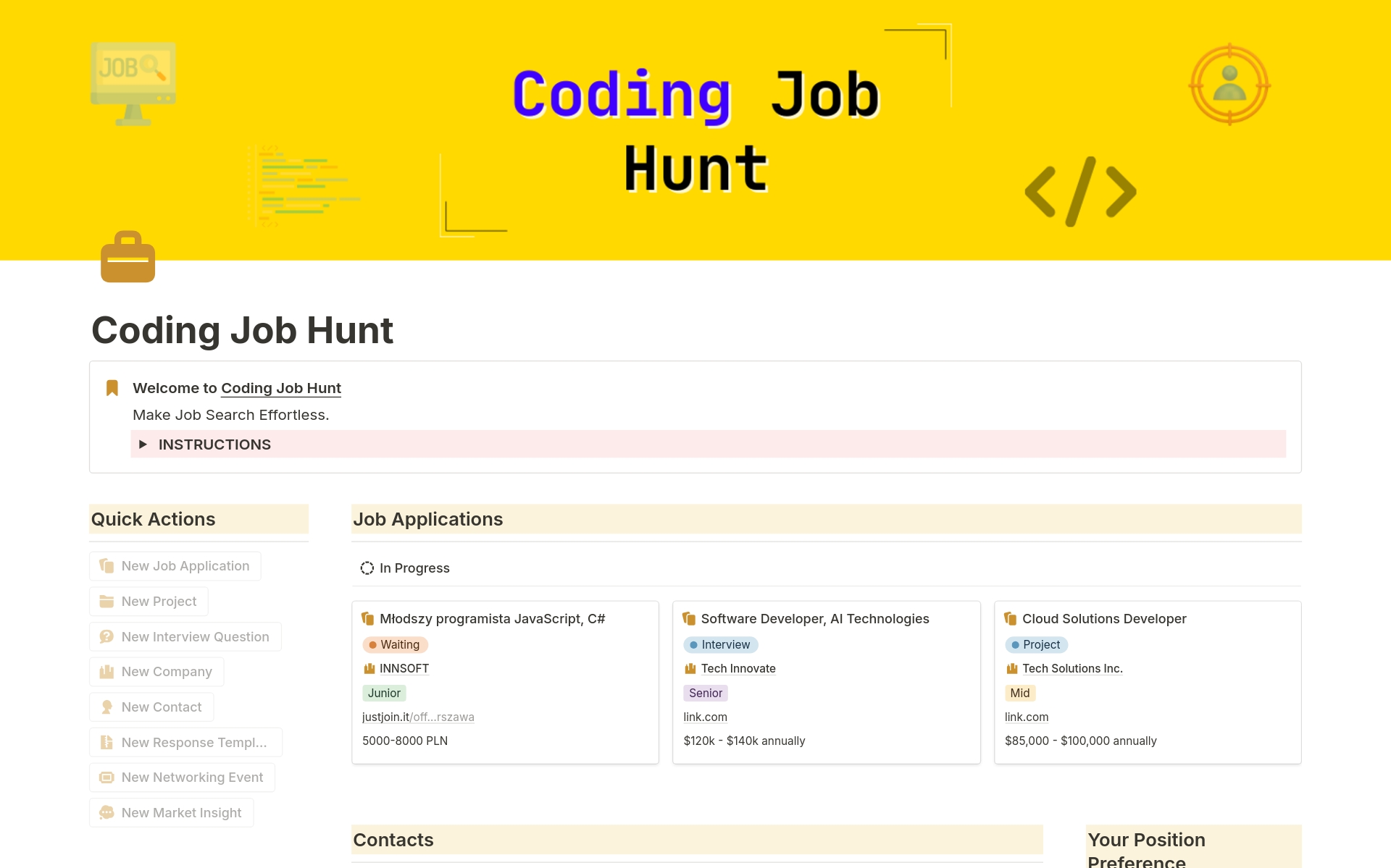 En förhandsgranskning av mallen för Coding Job Hunt