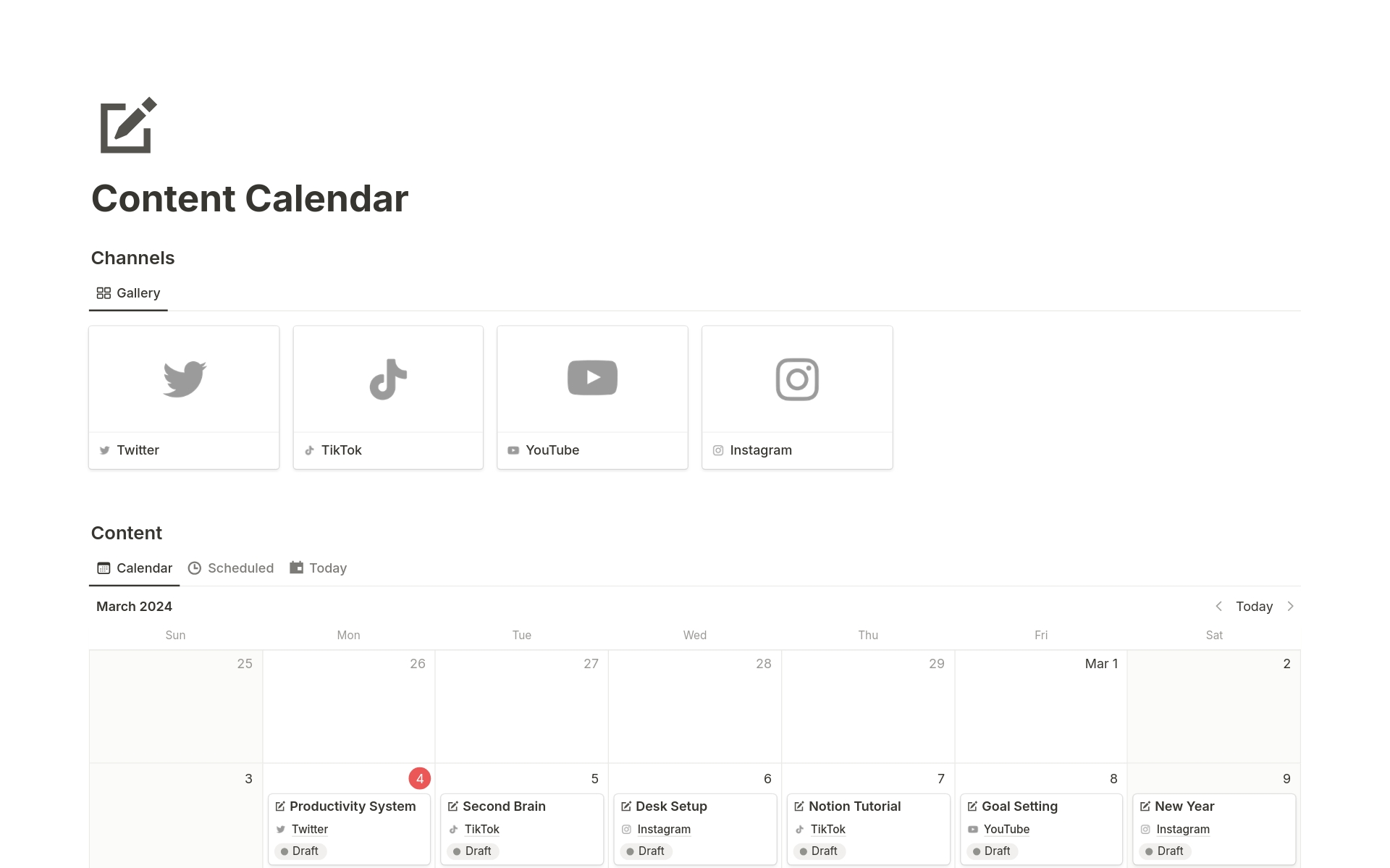 En förhandsgranskning av mallen för Content Calendar