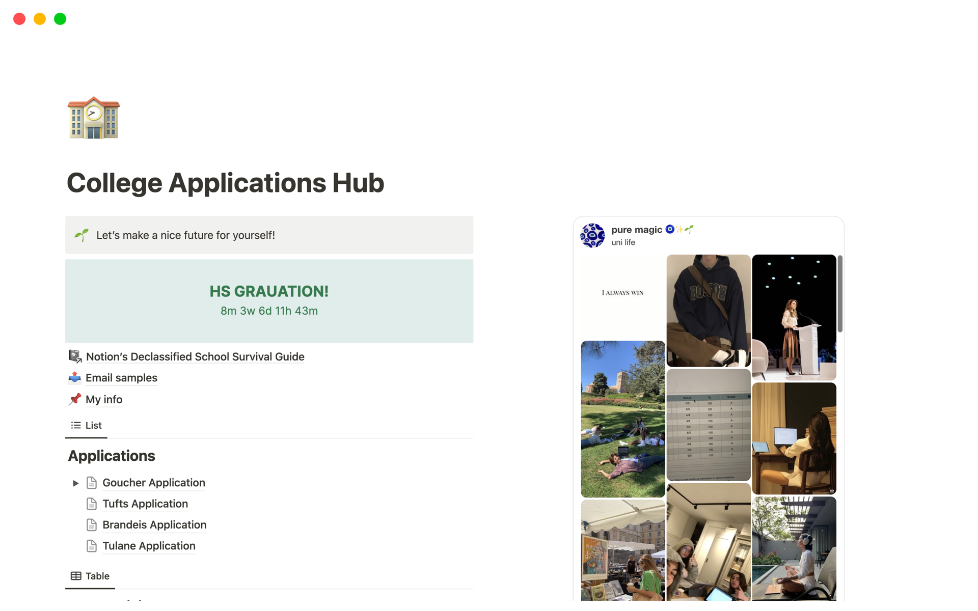 Vista previa de plantilla para College Applications Hub