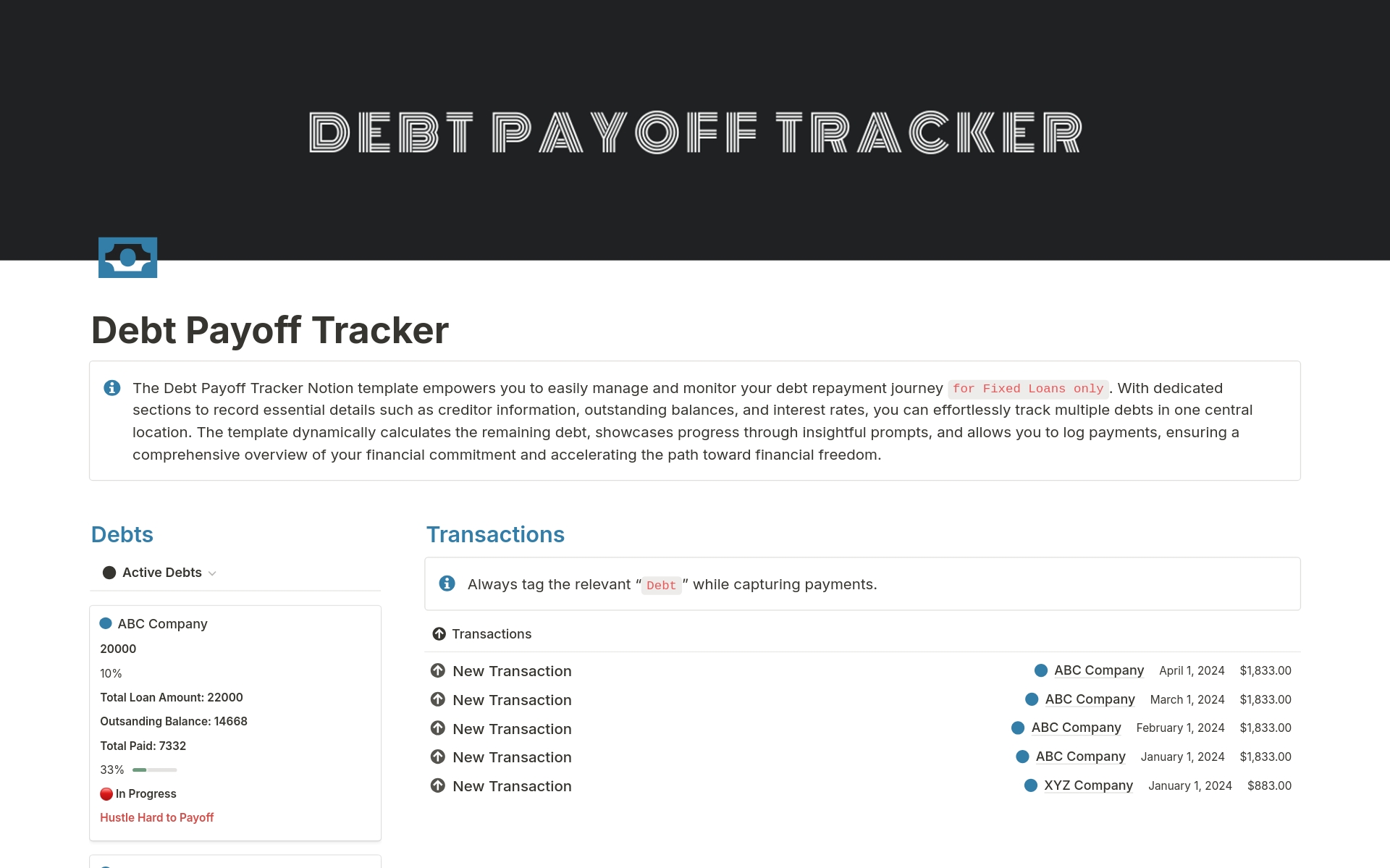 Vista previa de una plantilla para Debt Payoff Tracker