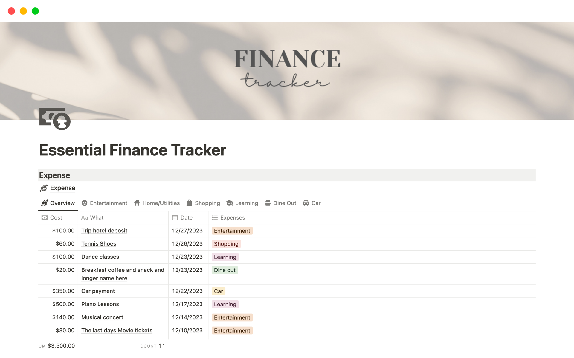 Essential Finance Trackerのテンプレートのプレビュー