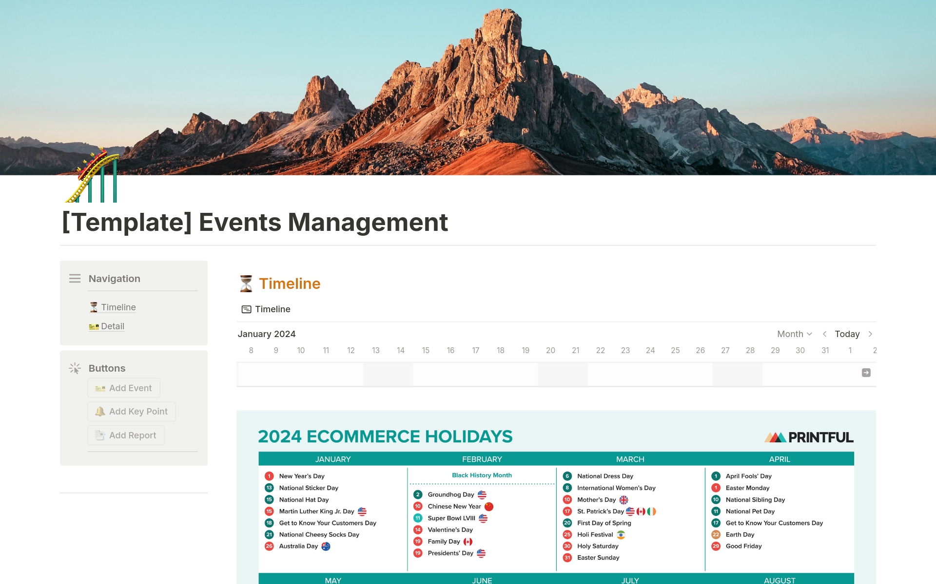 Eine Vorlagenvorschau für Event Management with Timeline